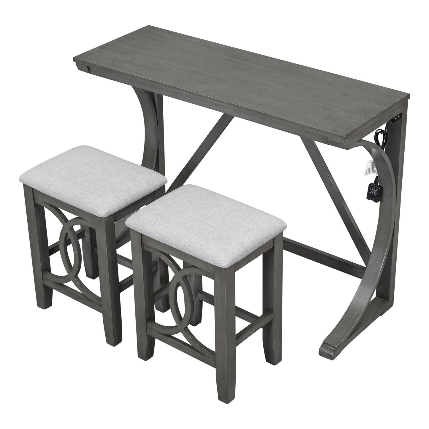 Farmhouse 3-Piece Counter Height Dining Table Set with USB Port and Upholstered Stools,Gray