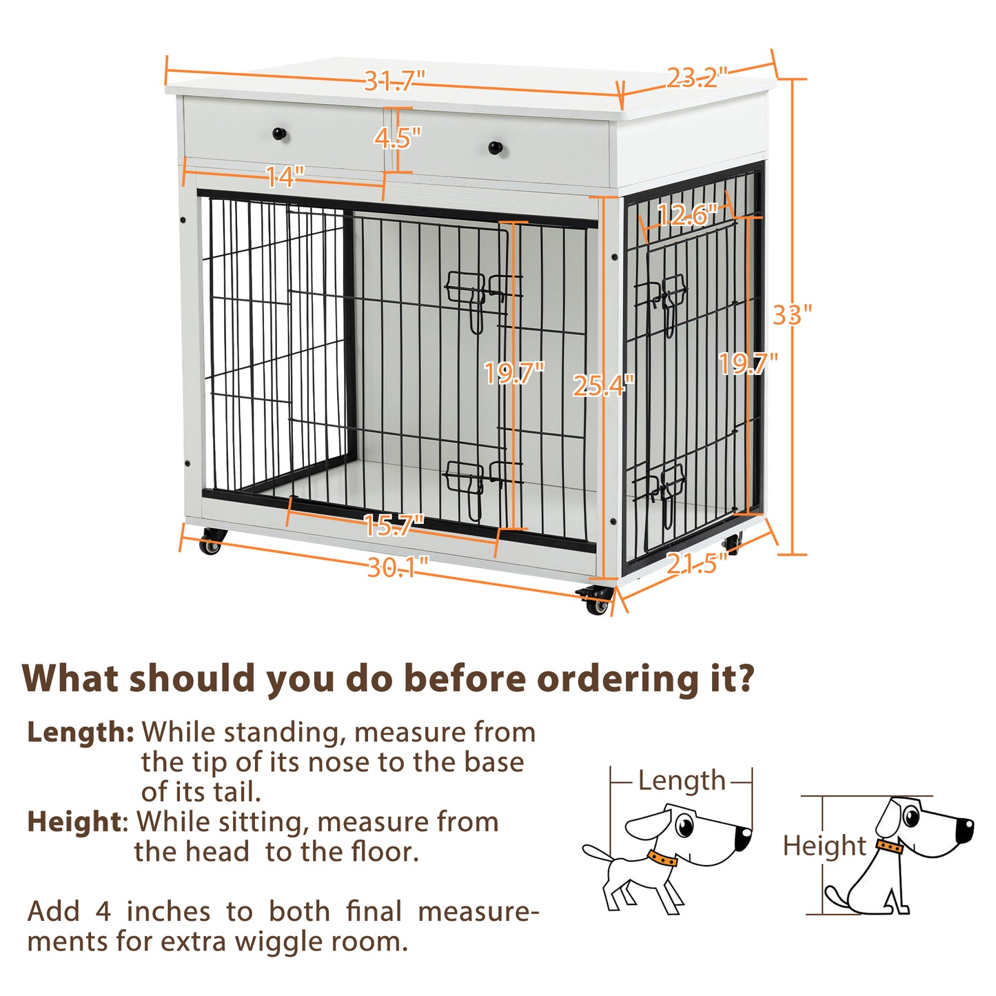 Dog Crate Furniture, Wooden Dog House, Decorative Dog Kennel with Drawer, Indoor Pet Crate End Table for Small Dog, Steel-Tube Dog Cage, Chew-Proof, White 31.7" L×23.2" W×33" H