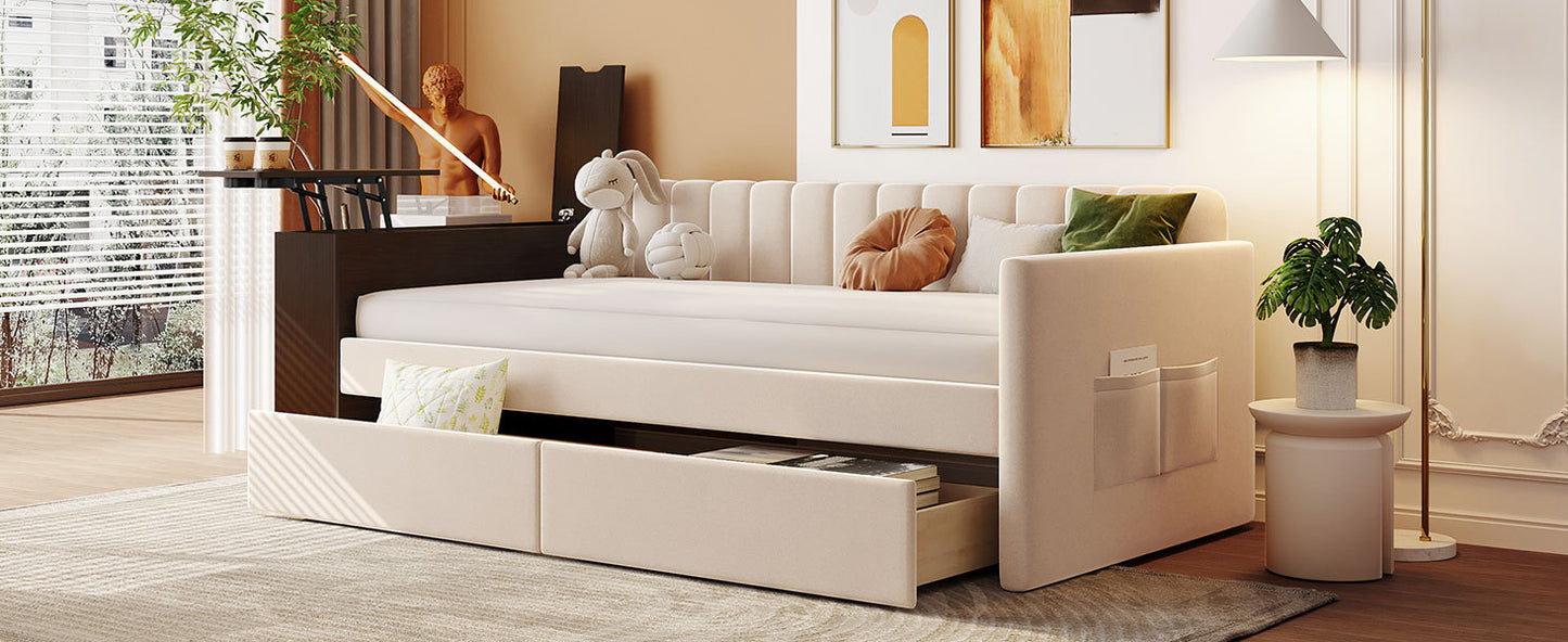 Twin Size Upholstered Daybed with Storage Armrest and 2 Drawers, Multi-functional Daybed with Cup Holder and a set of USB Ports and Sockets, Beige