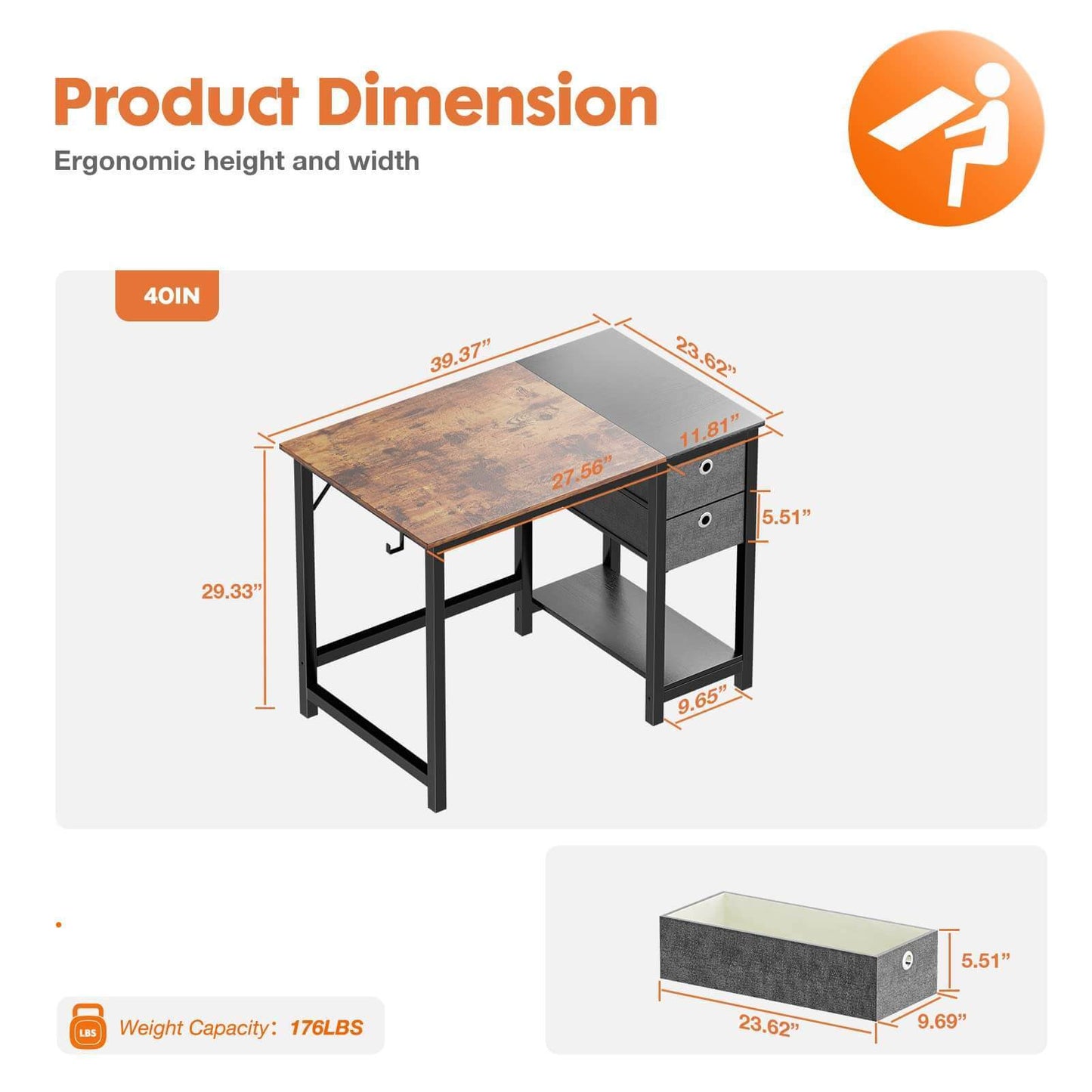 40-Inch Home Office Writing Desk with Rustic 2-Tier Drawers