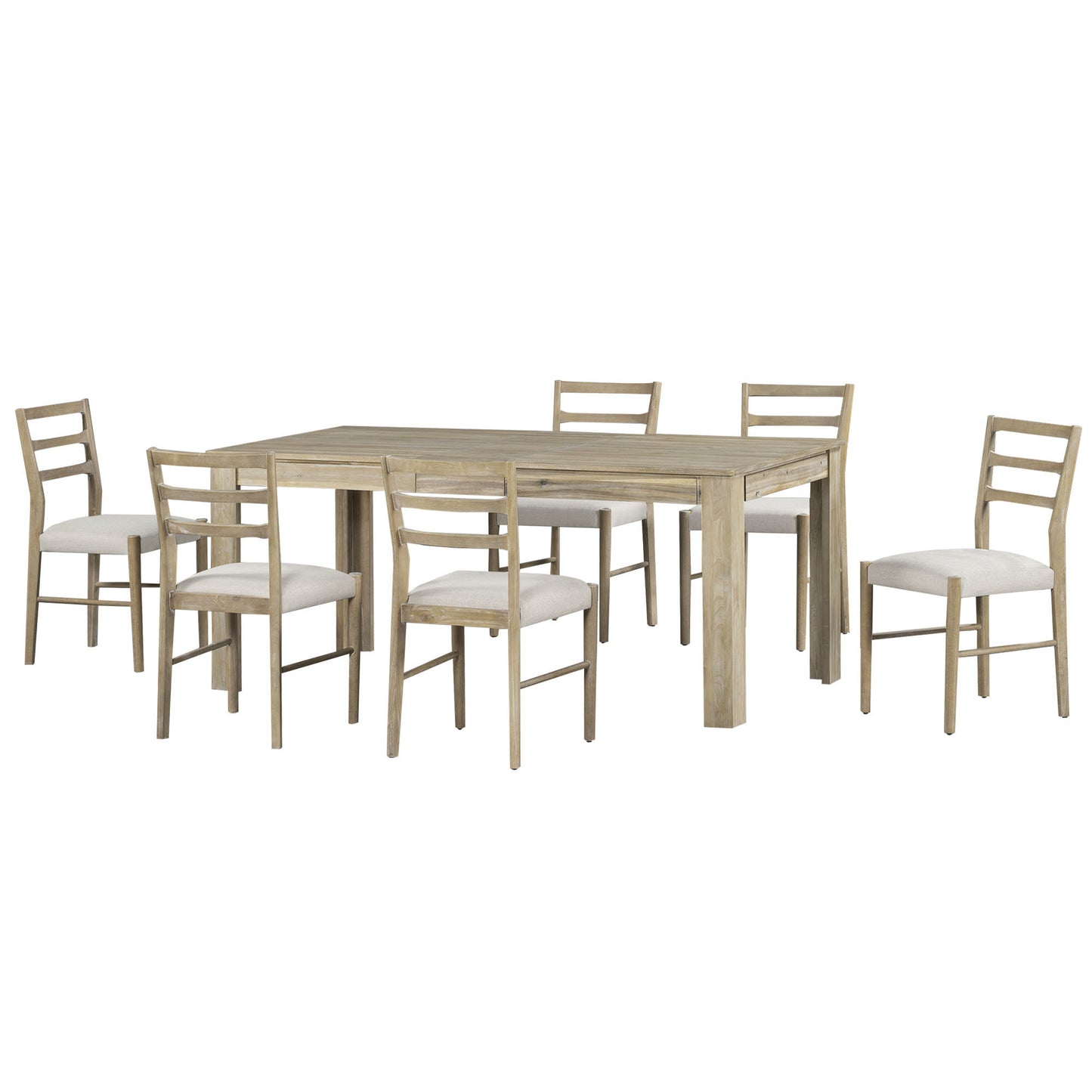 TREXM 7-Piece Wooden Dining Table Set Mutifunctional Extendable Table with 12" Leaf and 2 Drawers, 6 Dining Chairs with Soft Cushion (Natural Wood Wash)