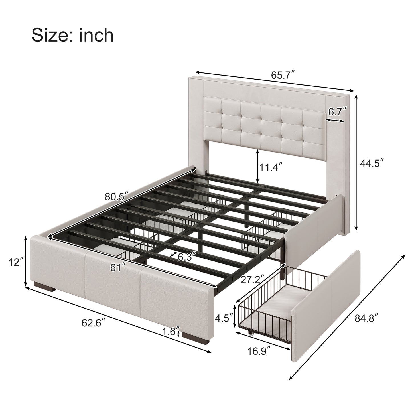 Modern Style Upholstered Queen Platform Bed Frame with Four Drawers, Button Tufted Headboard with PU Leather and Velvet, Beige