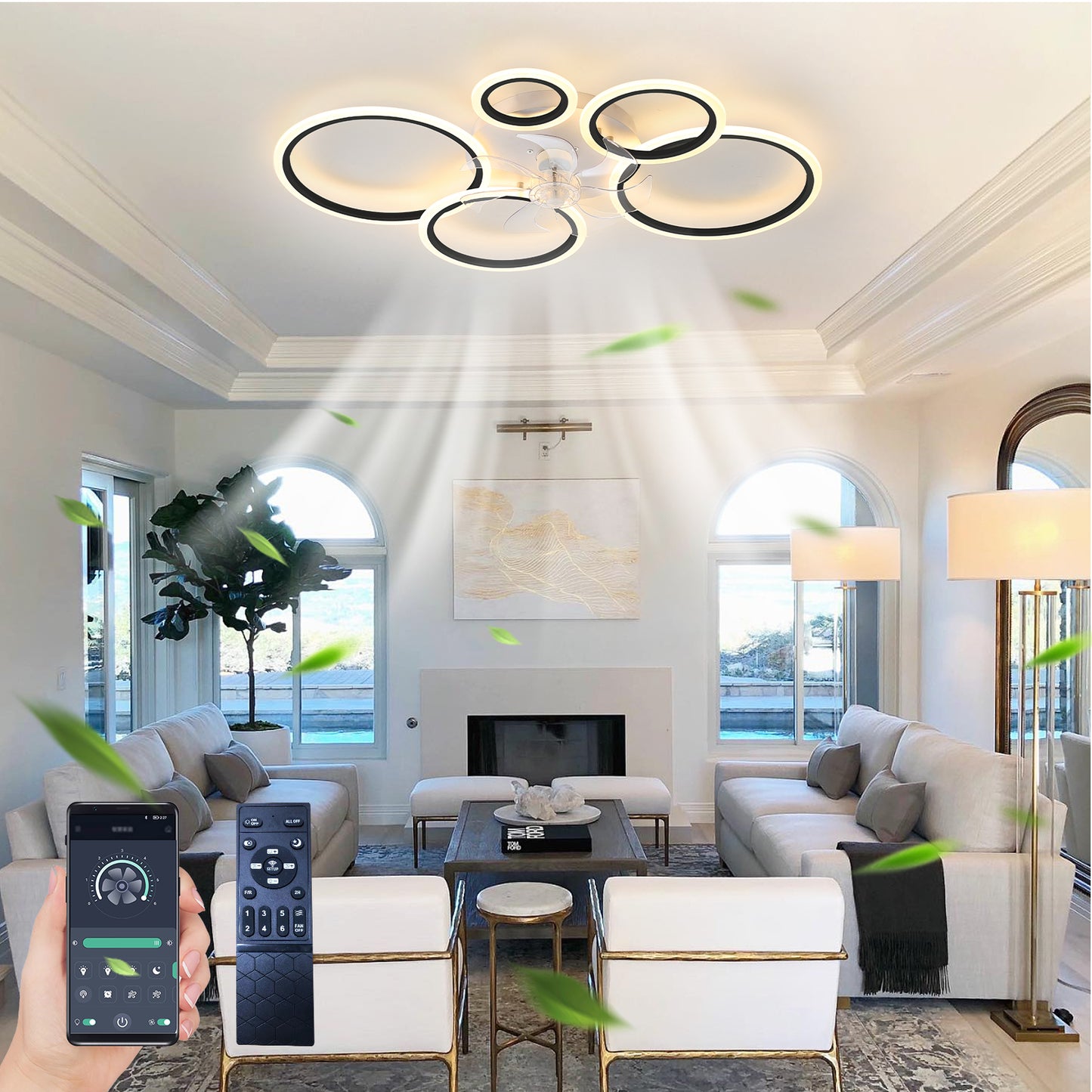 39-Inch Modern Black Ceiling Fan with Remote, APP Control, and Dimmable Light