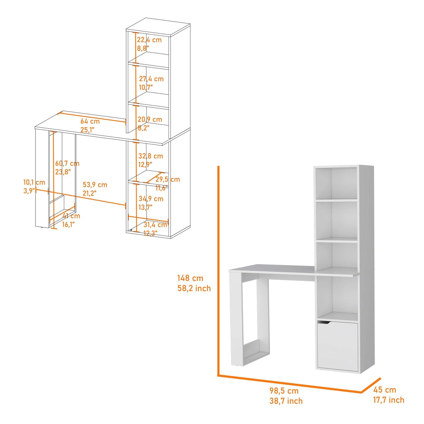 White Computer Desk with Built-In Bookcase and Cabinet for Organization