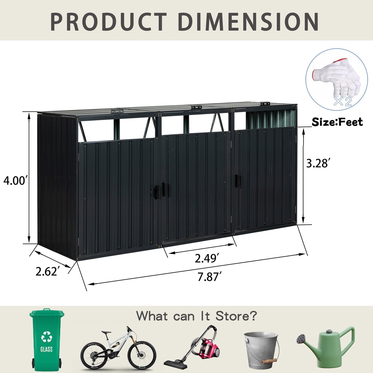 W540120221 Garbage Bin Shed Stores 3 Trash Cans Metal Outdoor Bin Shed for Garbage Storage,Stainless Galvanized Steel, Bin Shed for Garden Yard Lawn