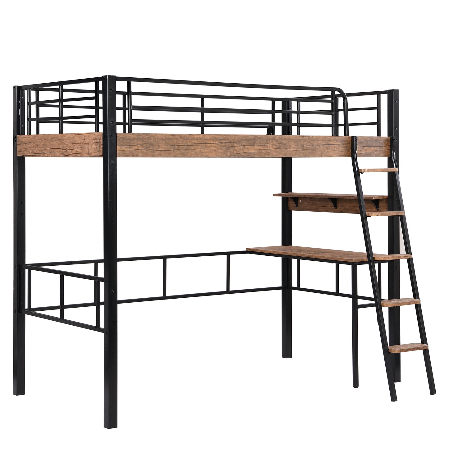 Metal Twin Size Loft Bed with Built-in Desk, Storage Shelf and Ladder, Black