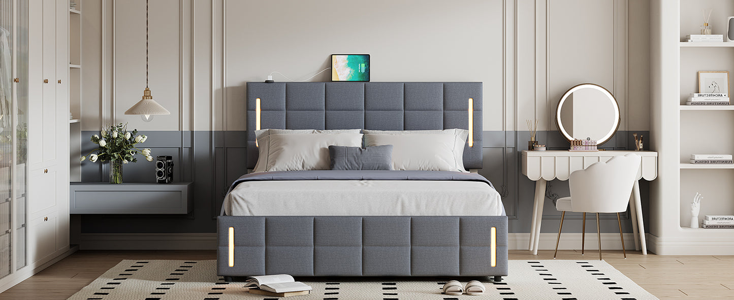 Queen Size Upholstered Bed with Hydraulic Storage System and LED Light, Gray