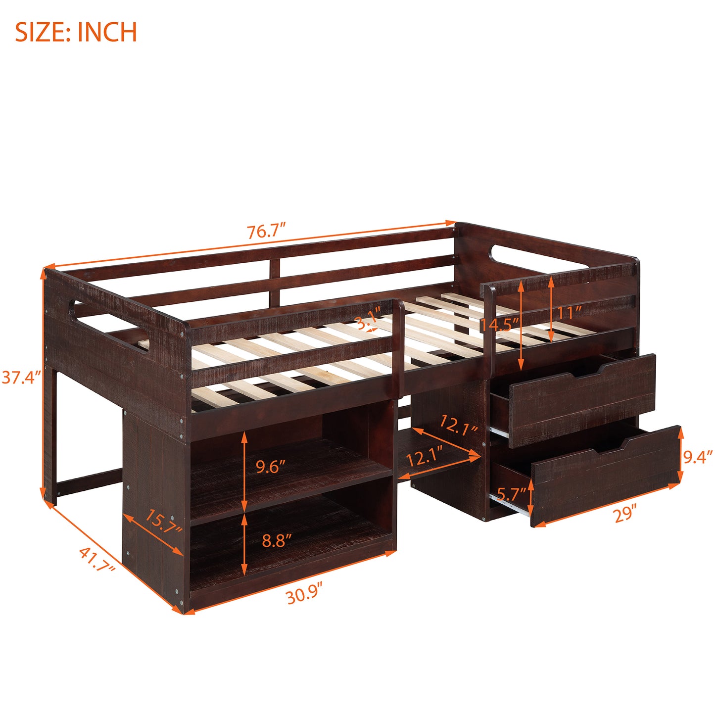 Twin size Loft Bed with Two Shelves and Two drawers (Antique Espresso)