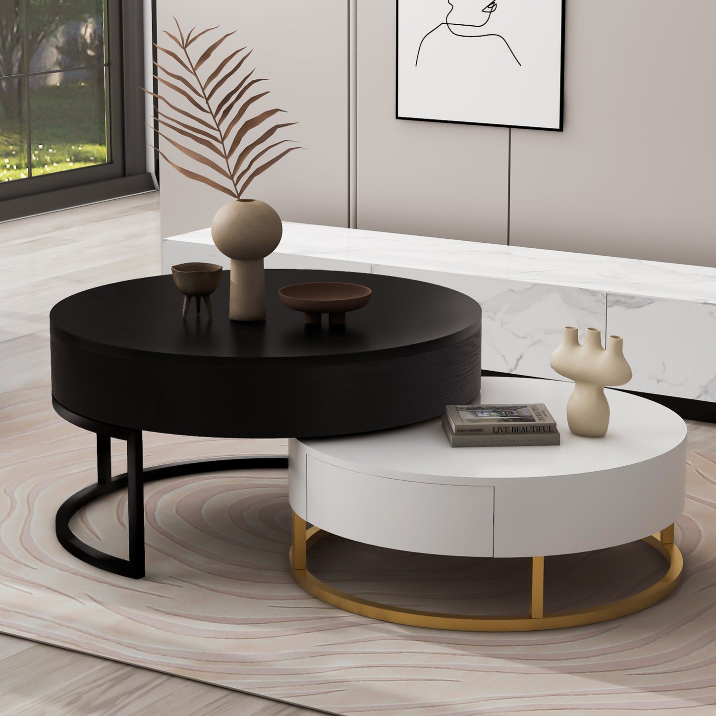 Contemporary 2-Drawer Lift-Top Round Coffee Tables in White & Black