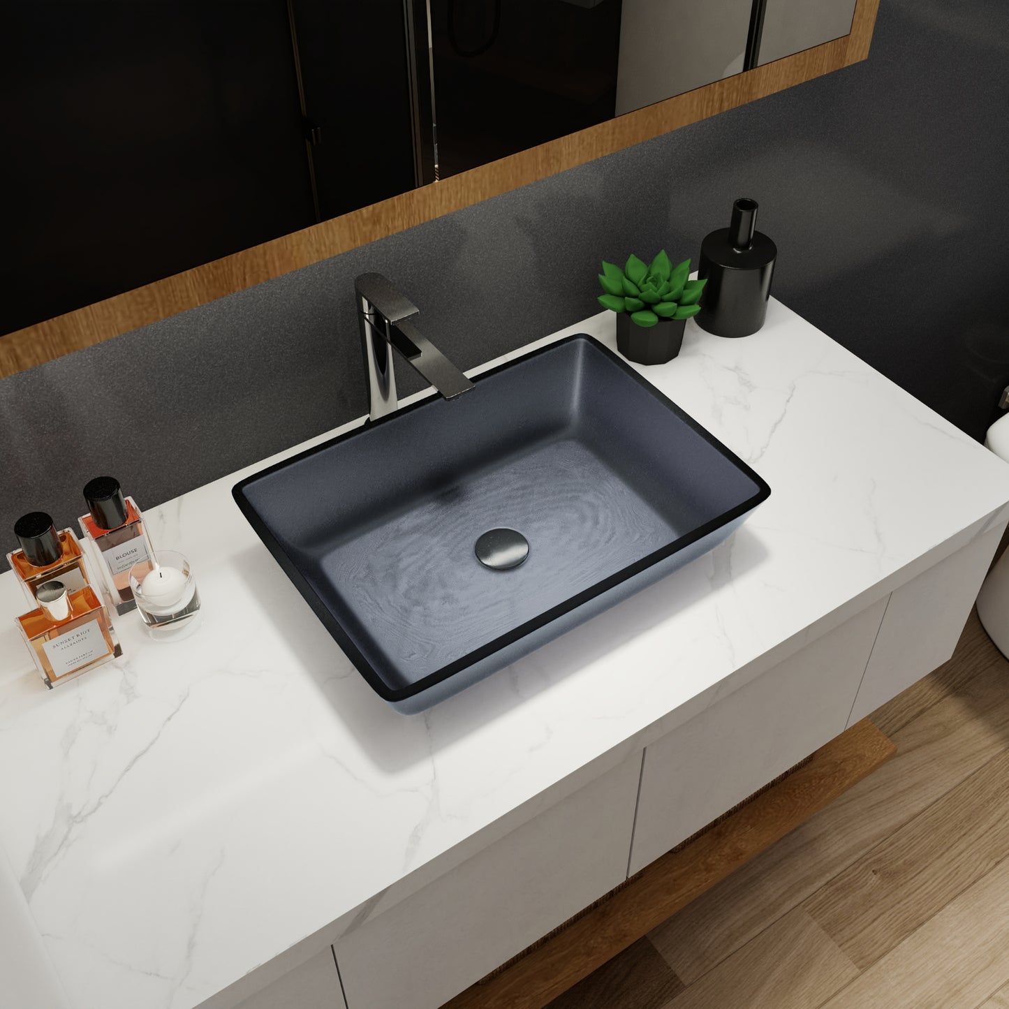 Tempered Glass Matte Bathroom Vessel Sink, Rectangle Bathroom Basin (Tempered Glass Matt Gray)