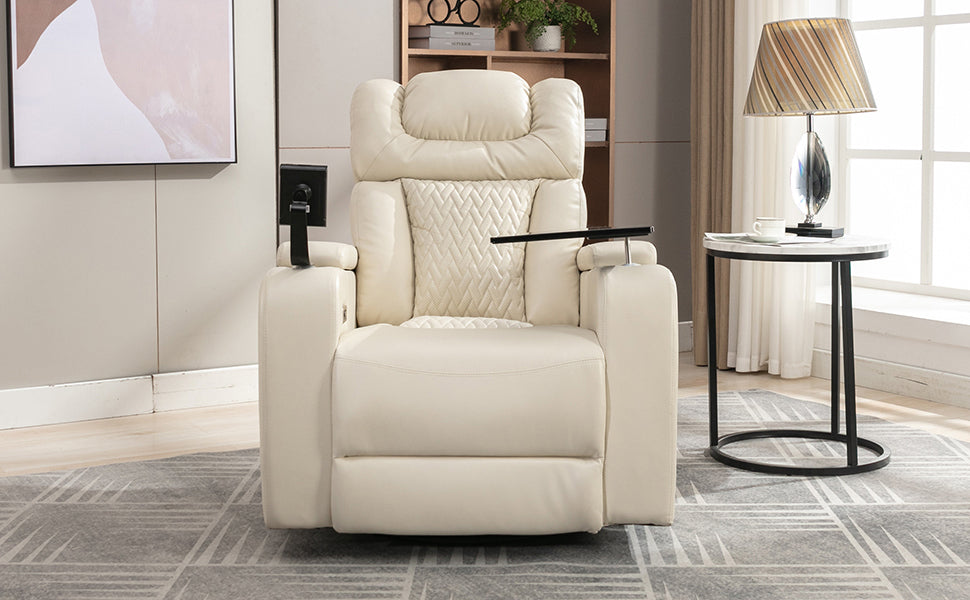 Power Recliner with Swivel, Cup Holder, USB Port, and Tray Table, White