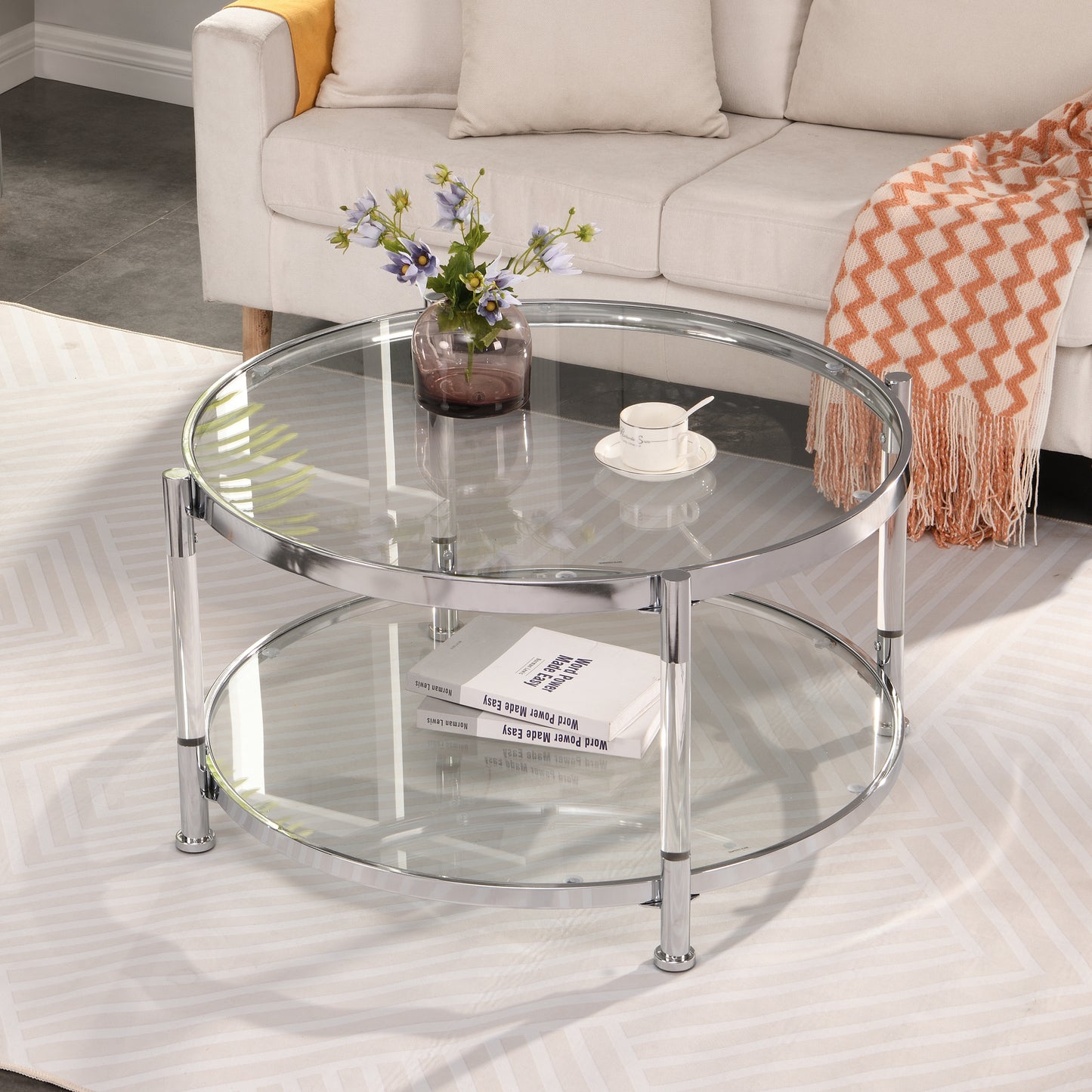 Contemporary Glass and Chrome Coffee Table with Acrylic Legs