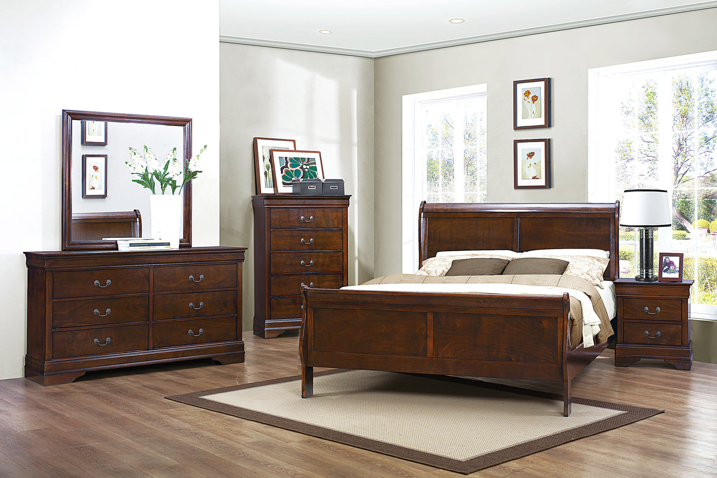 Brown Cherry Finish Louis Philippe Style 1pc Queen Size Sleigh Bed Traditional Design