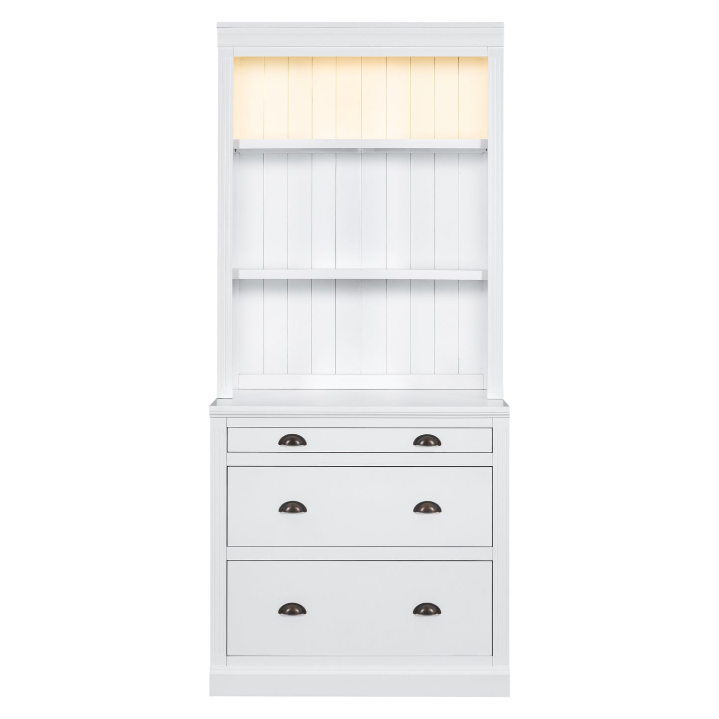 Modern White 83.4 Bookshelf and Writing Desk Suite with LED Lighting and Drawers