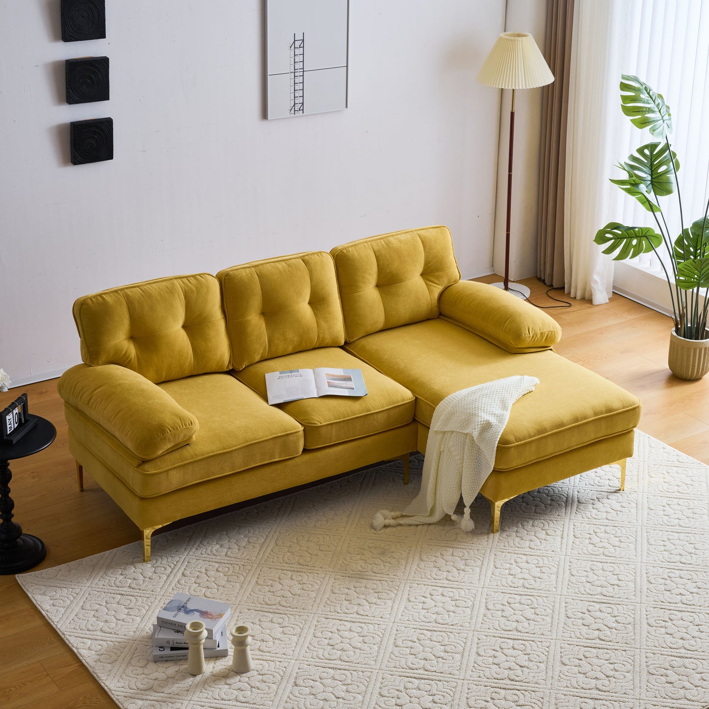 Modern Yellow Velvet L-Shaped Sectional Sofa for Living Room or Bedroom