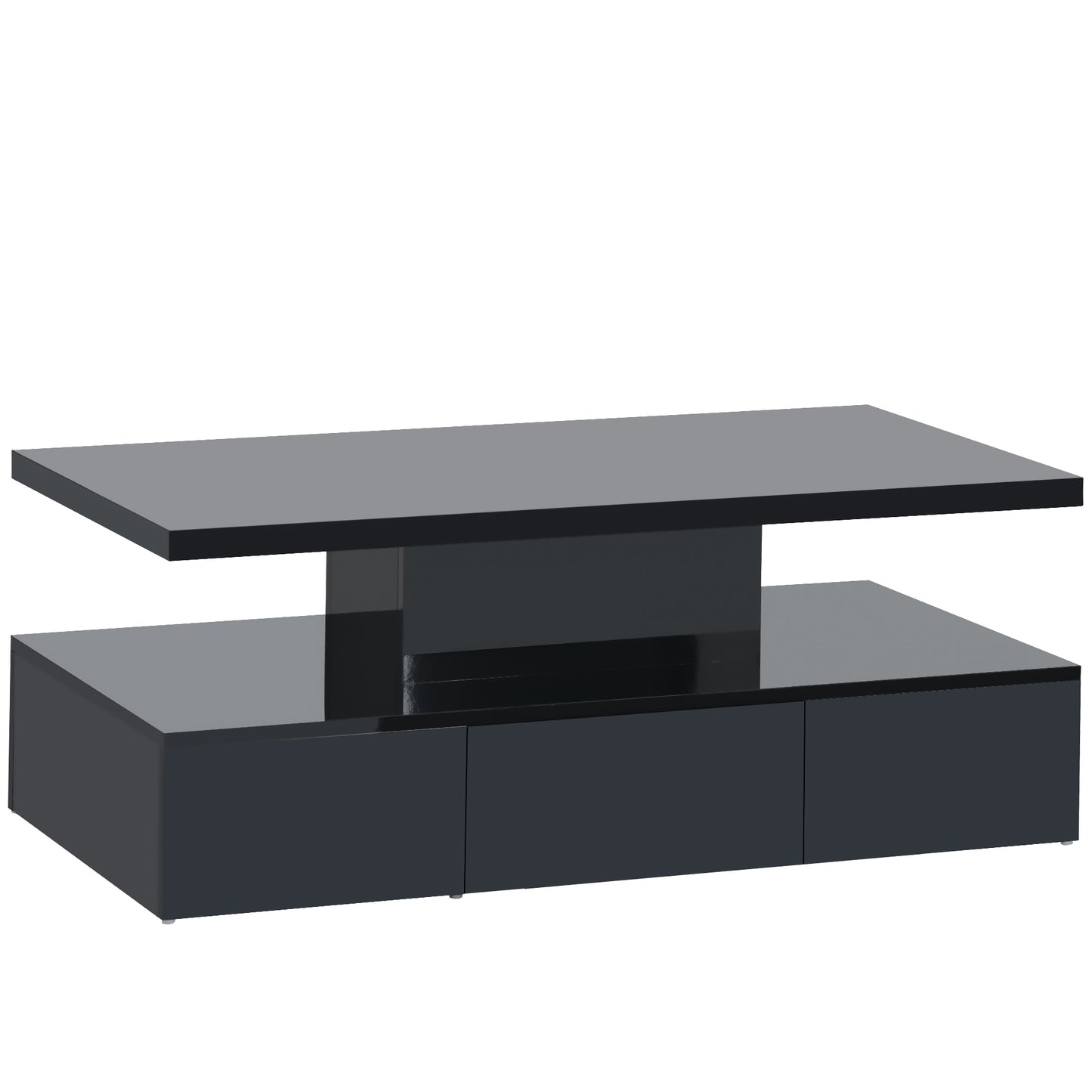 Glossy Black LED Coffee Table with Drawer and Double-Tiered Storage