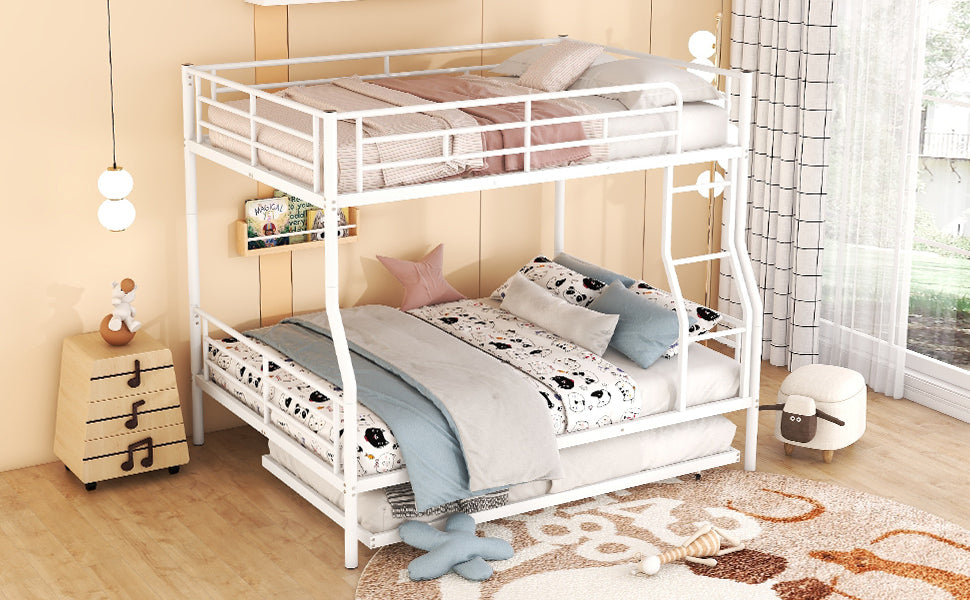 White Full XL Over Queen Metal Bunk Bed with Trundle