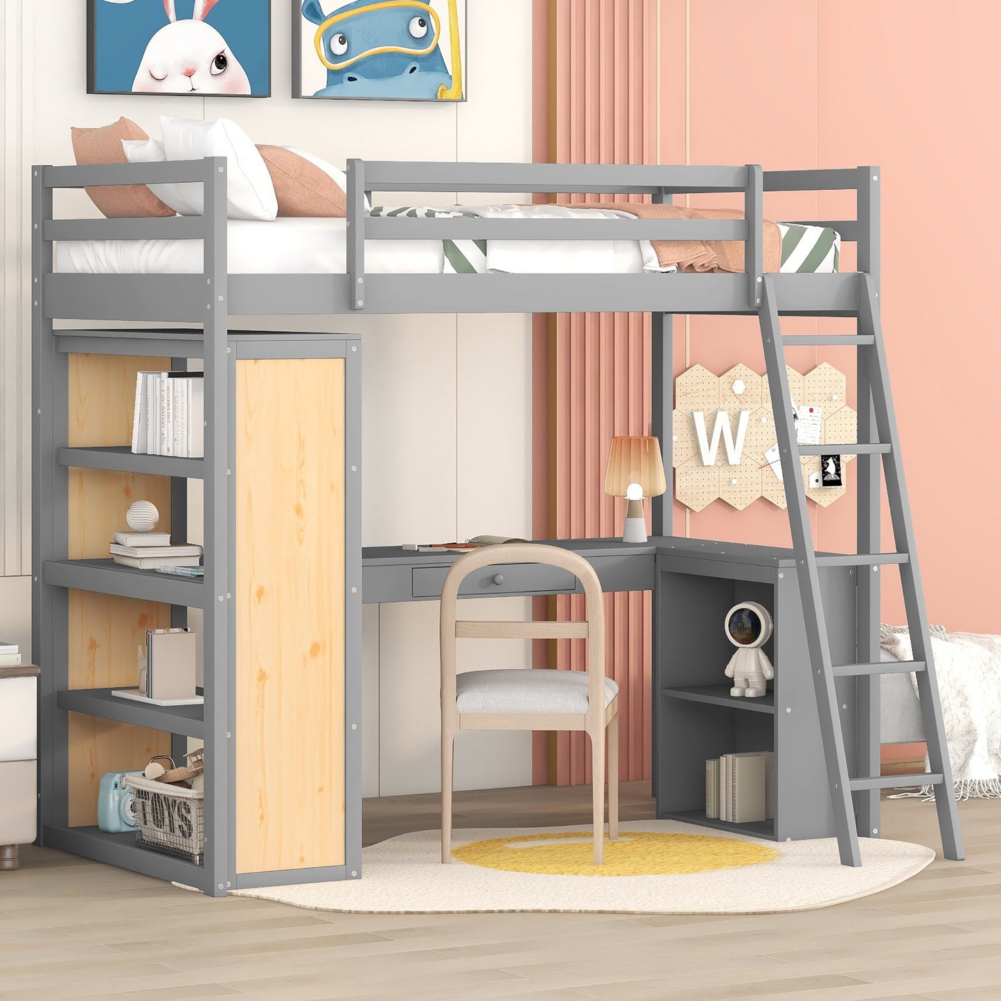 Twin Size Loft Bed with Ladder, Shelves, and Desk, Gray(LT000225AAE)