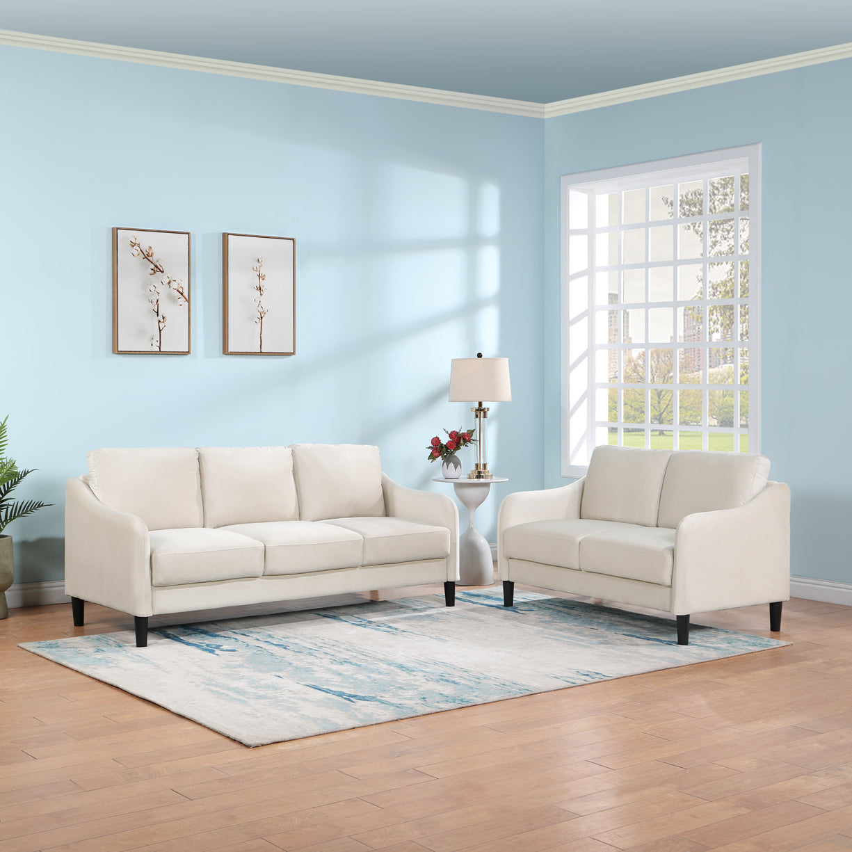 Modern  3-Seater Sofa for Small Space, Velvet Beige