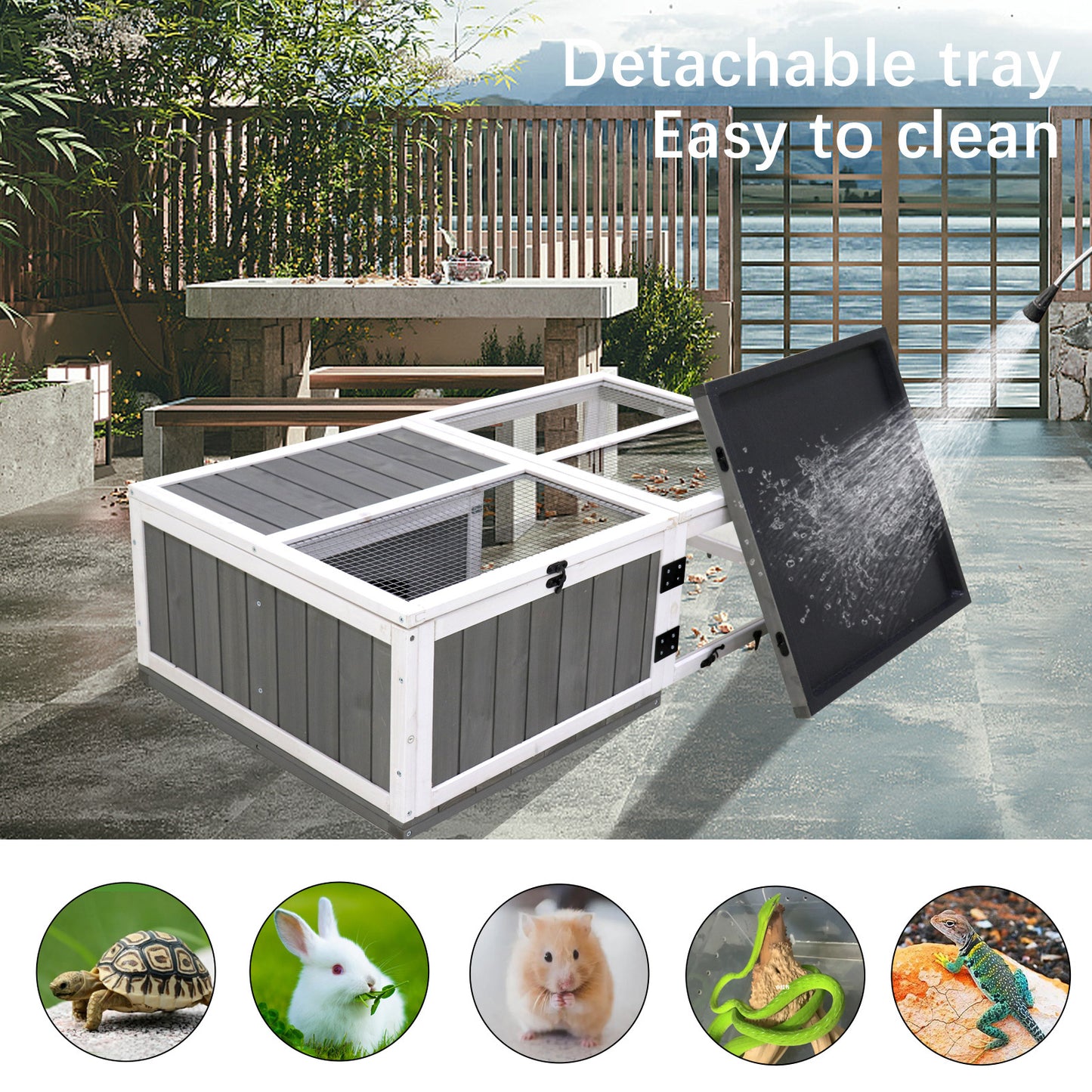 43"Upgrade waterproof tray, activity tray, wooden turtle house indoor small animal turtle cage outdoor wooden reptile cage,with rest area and play water game area