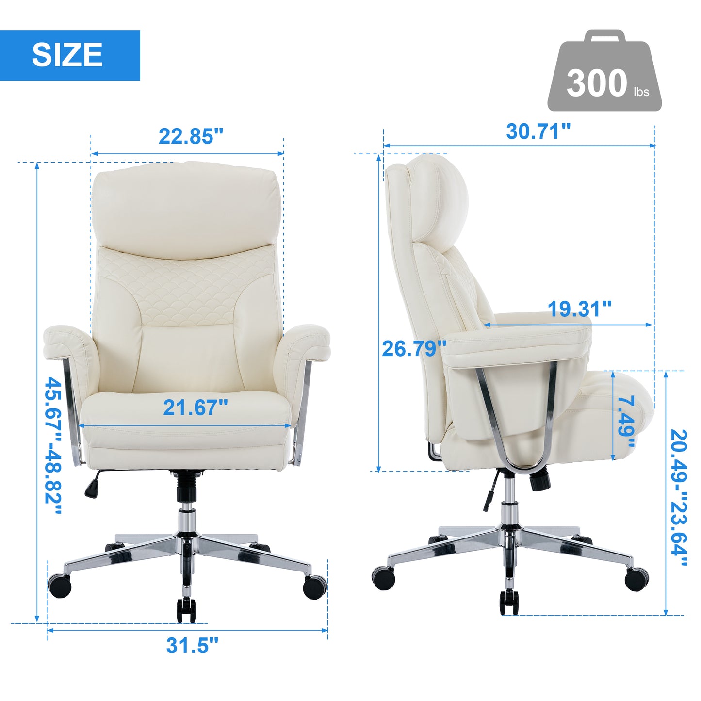 High Back Executive Office Chair 300lbs-Ergonomic Leather Computer Desk Chair , Thick Bonded Leather Office Chair for Comfort and Lumbar Support, Adjustable Rock Back Tension(white)