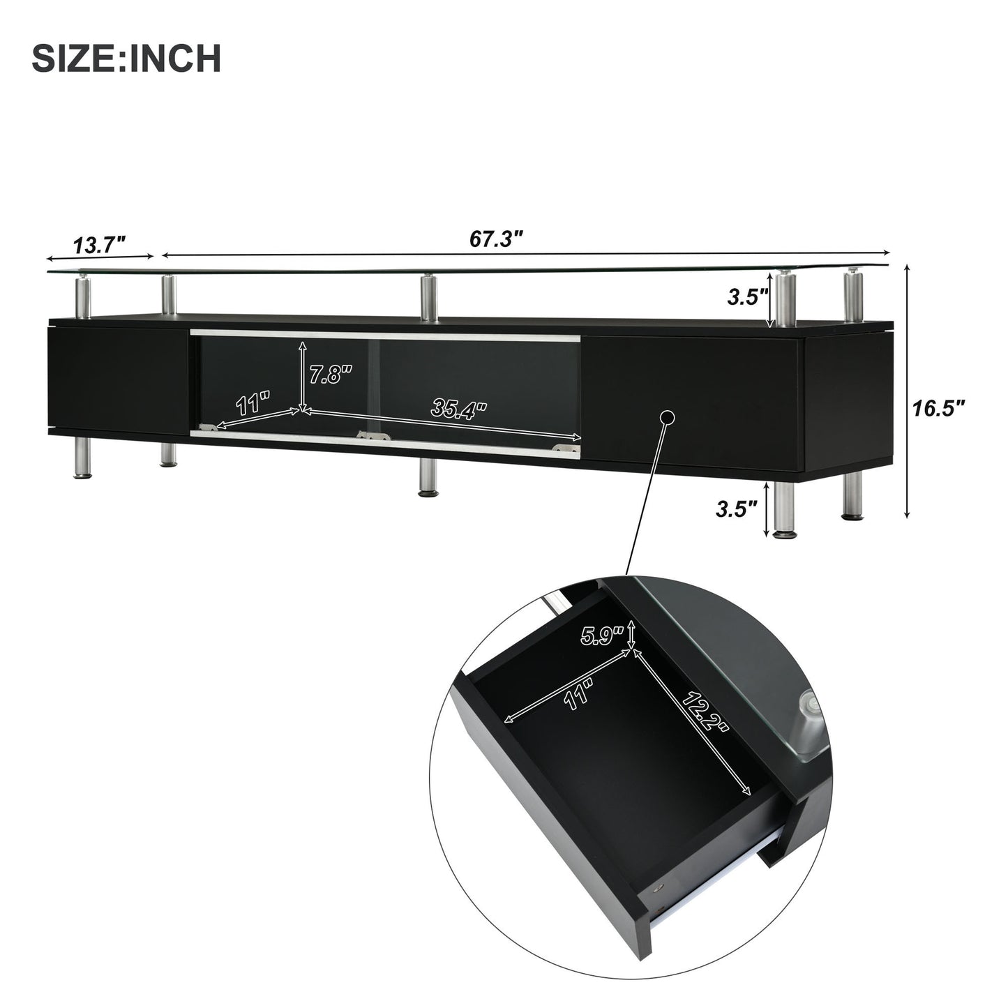 Modern Black Glass TV Stand with Sliding Door