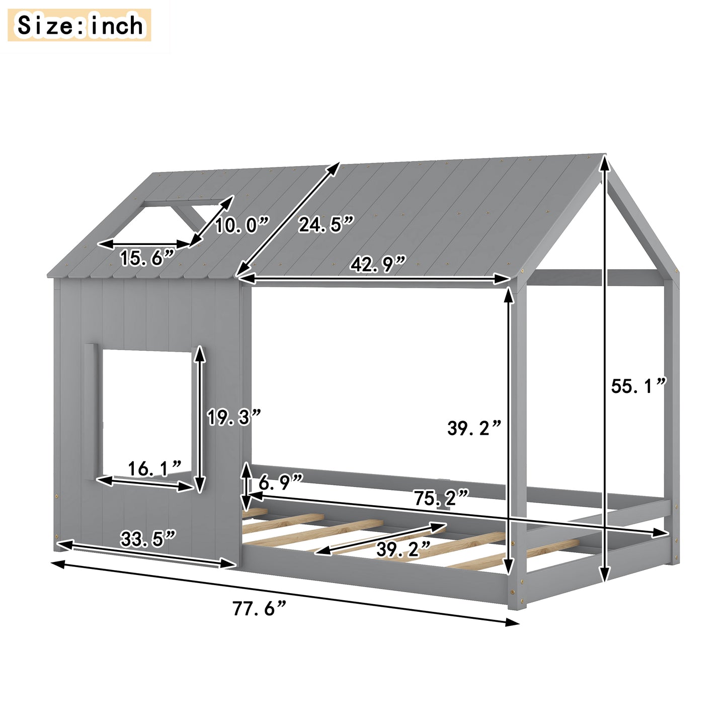 Twin Size House Bed with Roof and Window - Gray