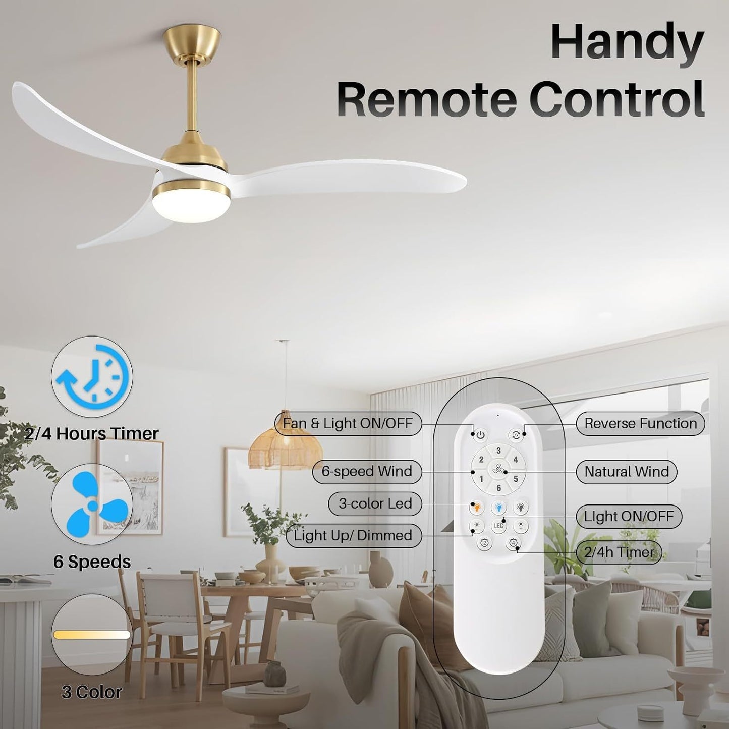 52-Inch Wooden Ceiling Fan with LED Light and Remote Control for Quiet Comfort