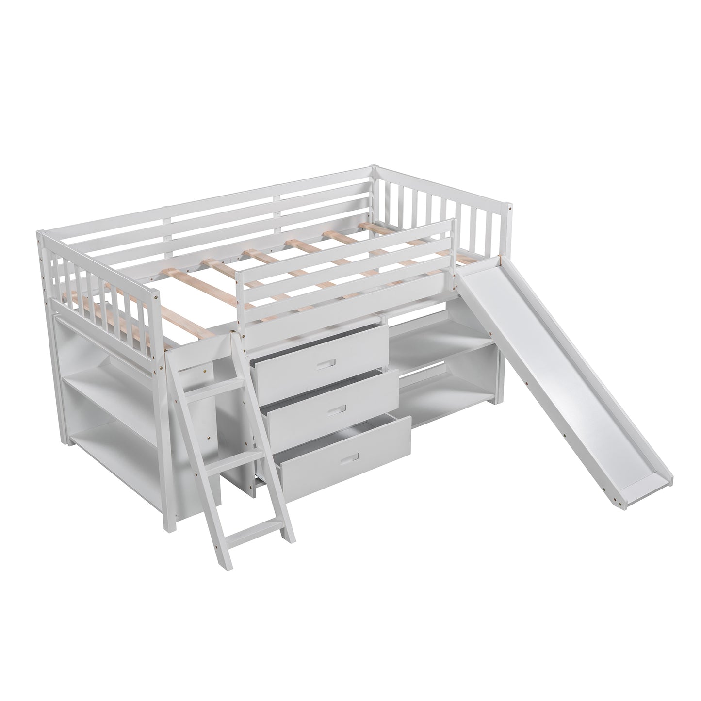 Low Loft Bed with Attached Bookcases and Separate 3-tier Drawers,Convertible Ladder and Slide,Twin,White