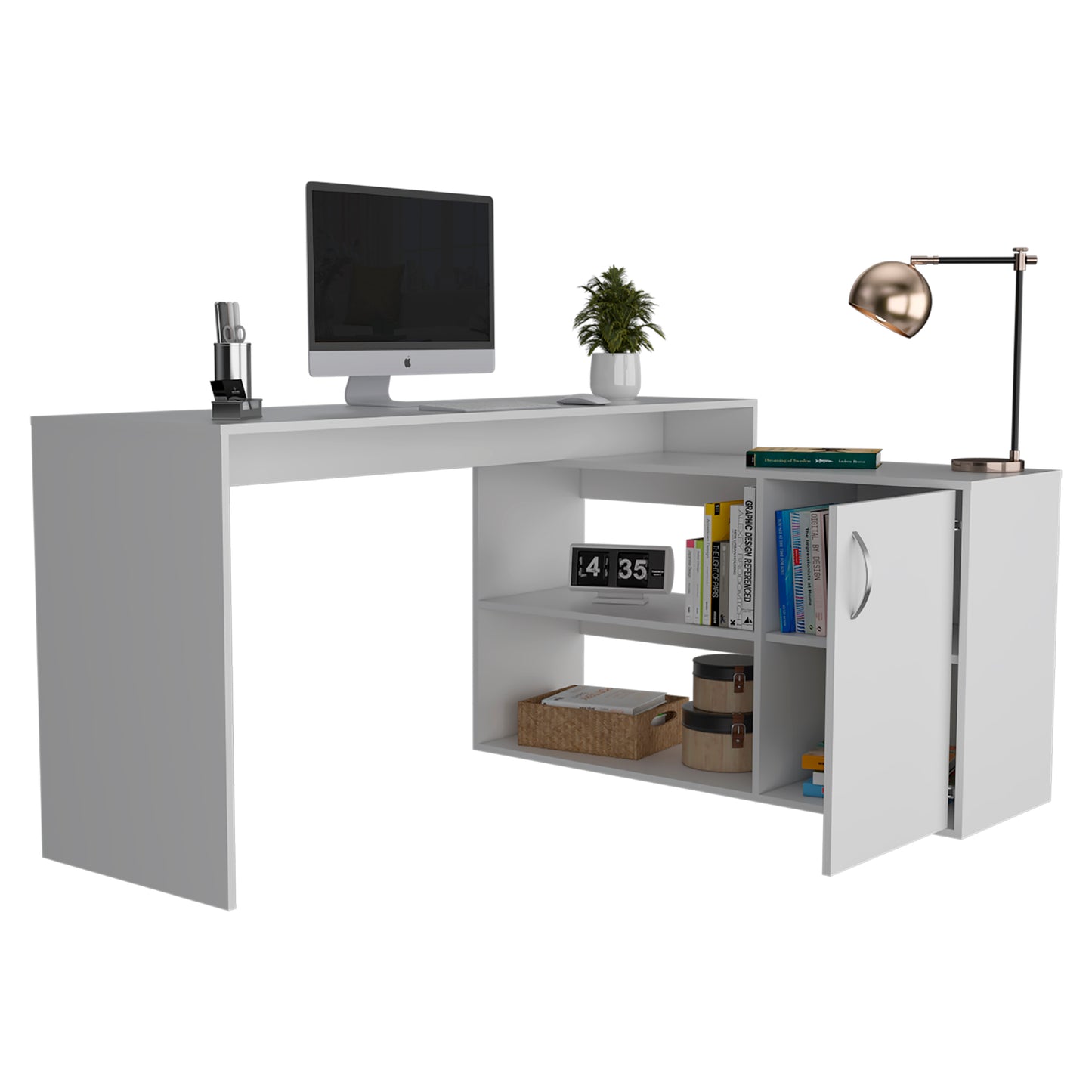 White Office Desk with Shelves and Cabinet