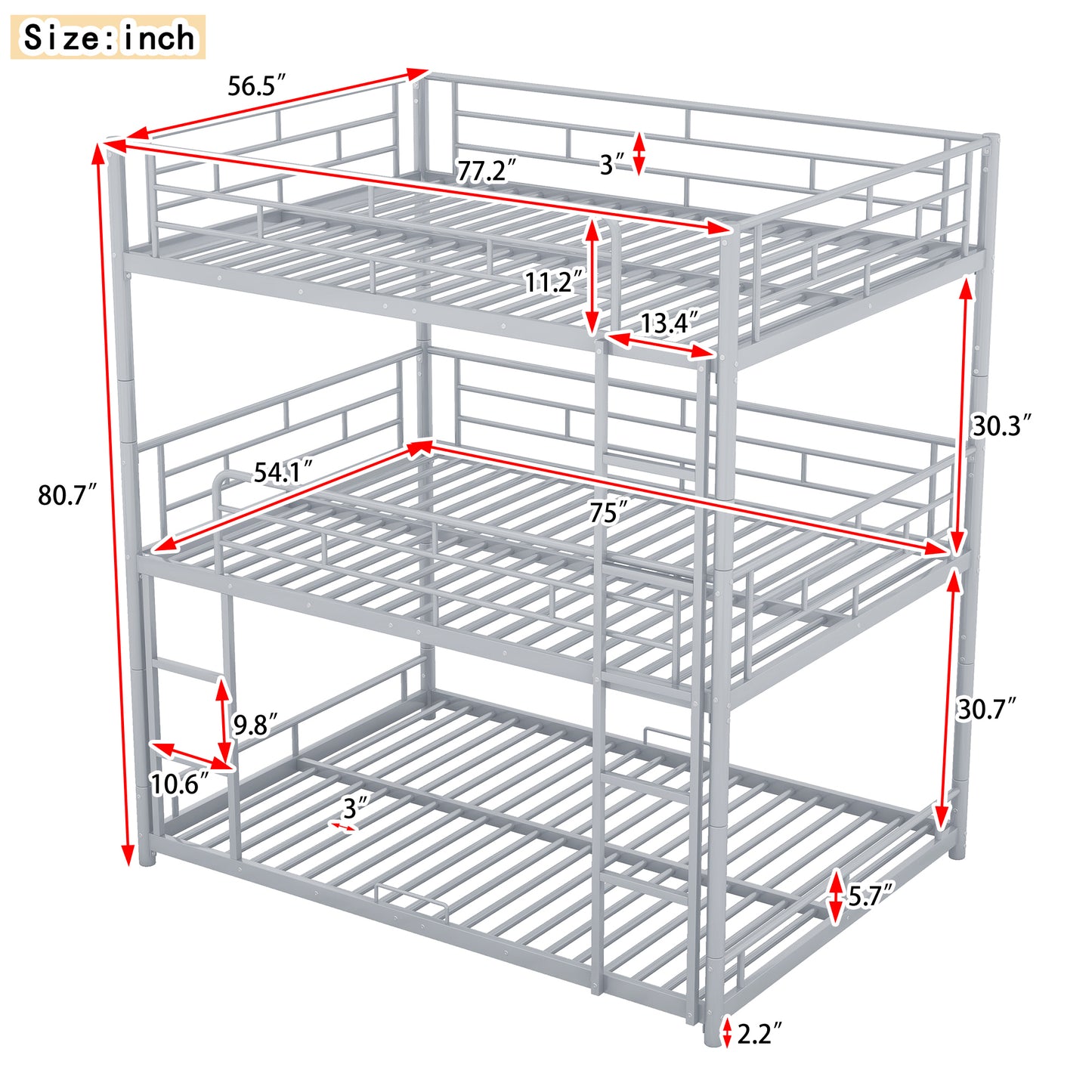 Silver Metal Triple Bunk Bed for Full Size