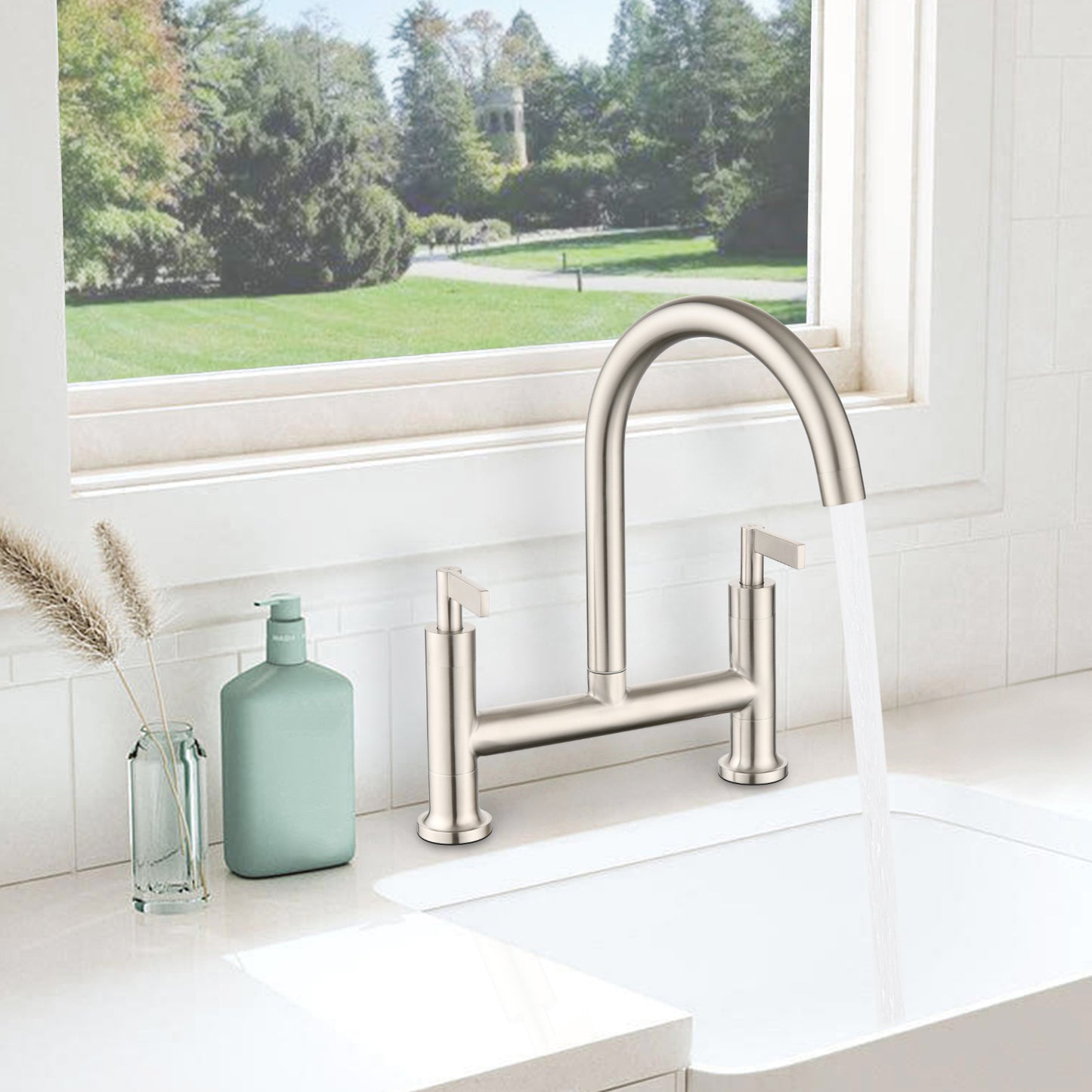 Double Handle Bridge Kitchen Faucet In Stainless Steel