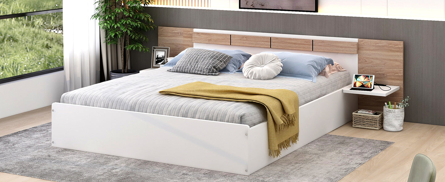 Queen Size Platform Bed with Headboard, Shelves, USB Ports and Sockets, White