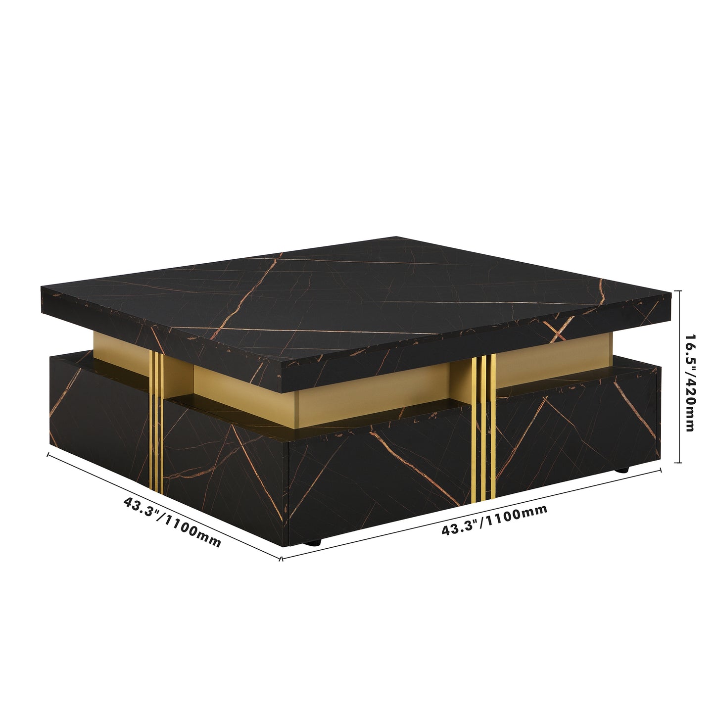 Contemporary Square Black Coffee Table with Gold Accents and Storage Drawers