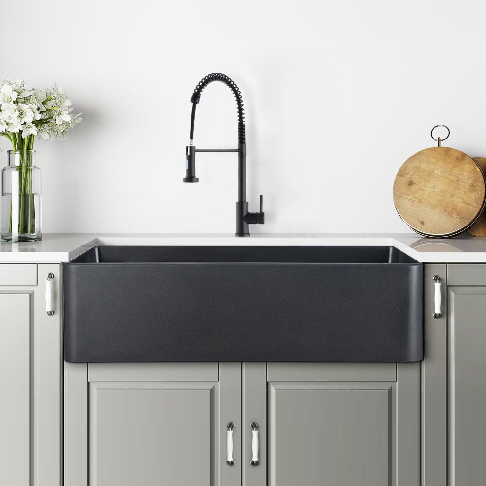 Modern Matte Black Farmhouse Kitchen Sink With Quartz Construction