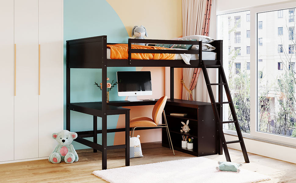 Full size Loft Bed with Shelves and Desk, Wooden Loft Bed with Desk - Espresso