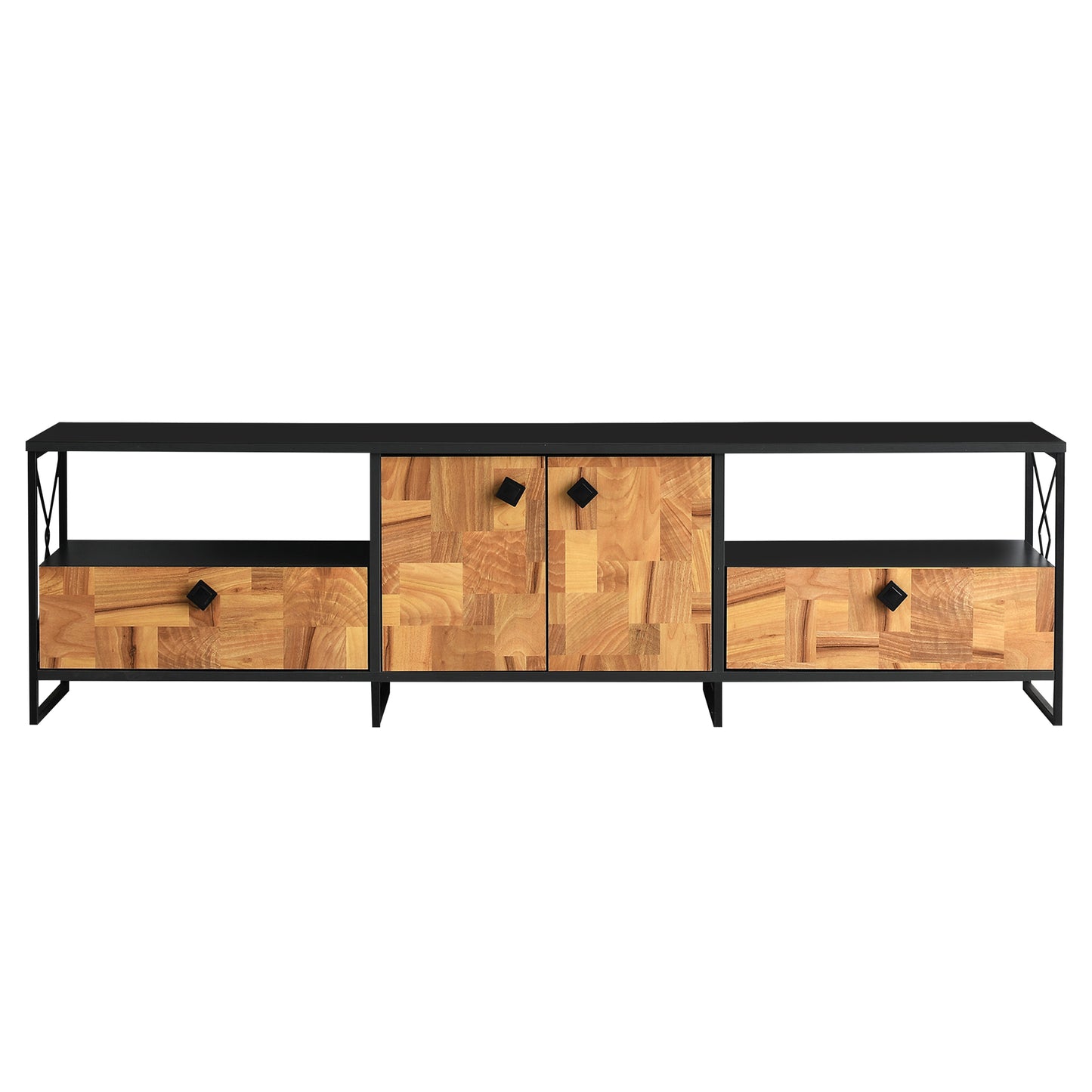 71-Inch Industrial Wooden TV Stand with Metal Frame and Storage Options, Brown and Black