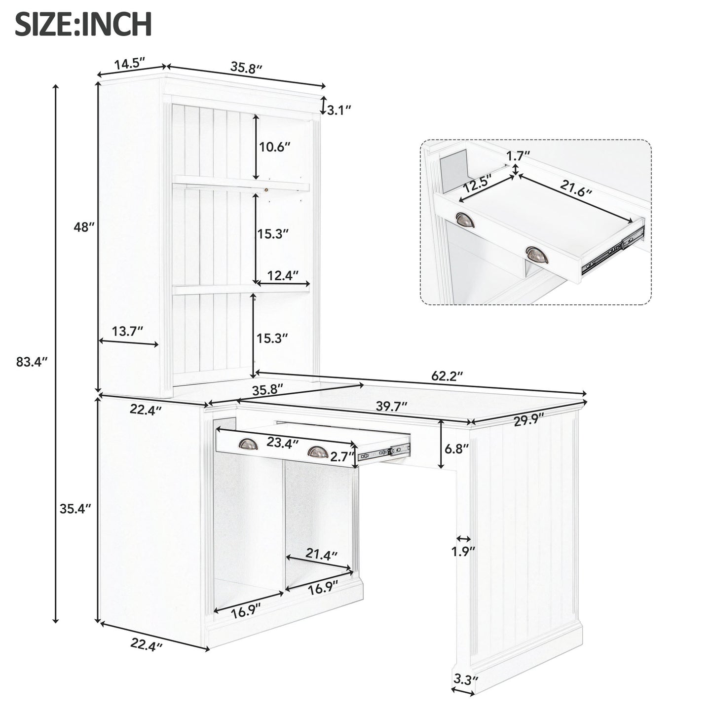 83.4 Tall 2-Piece White Bookshelf & Writing Desk Set with LED Lighting, Storage Drawers, and Doors