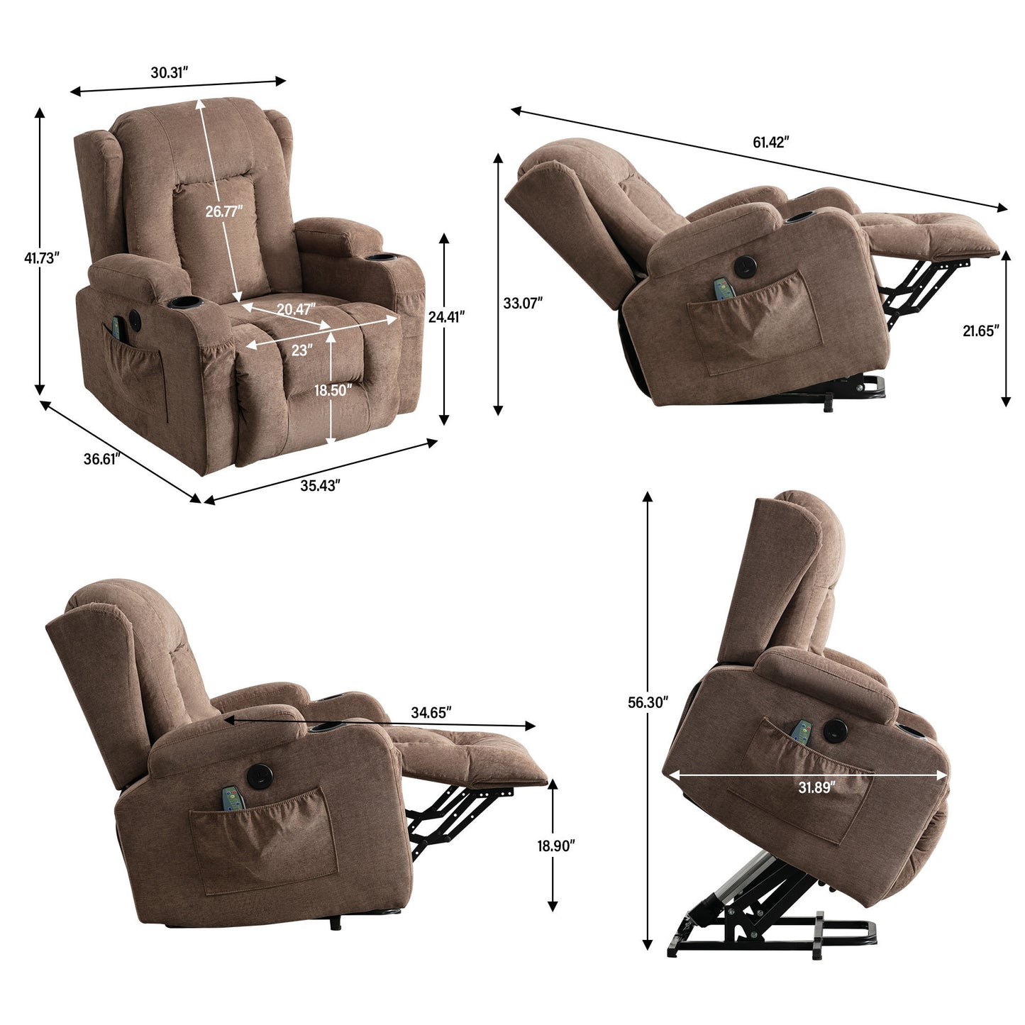 Electric Power Lift Recliner Chair with Heat and Massage for Seniors - Brown