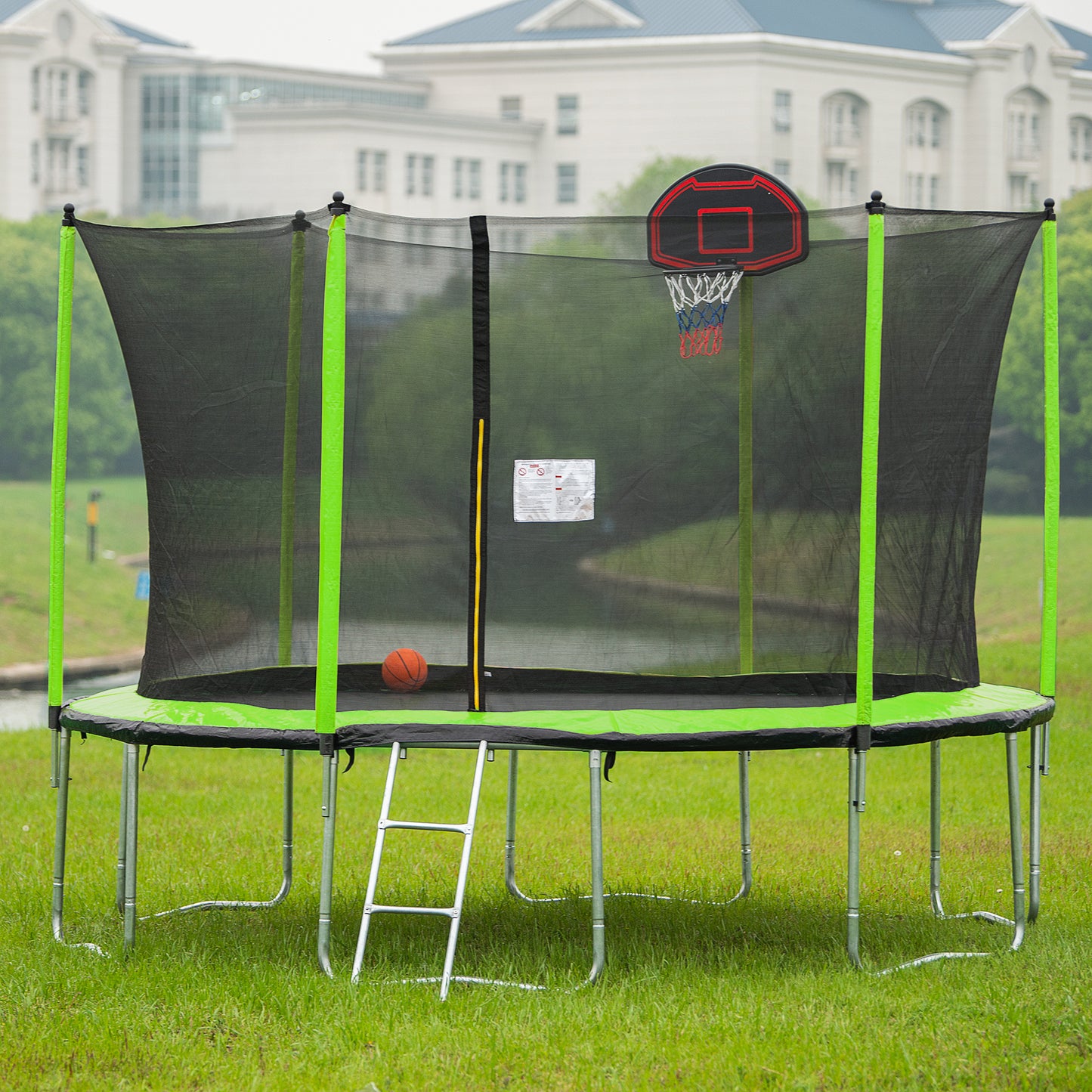 14FT  Trampoline with Basketball Hoop Inflator and Ladder(Inner Safety Enclosure) Green