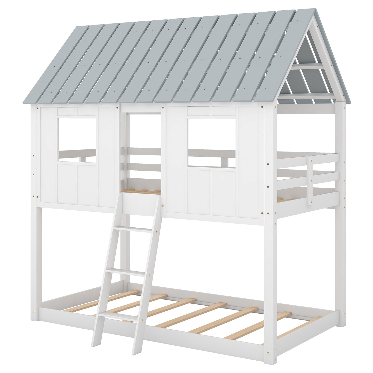 Barnyard Style White Twin Bunk Beds with Roof and Fence Guardrail