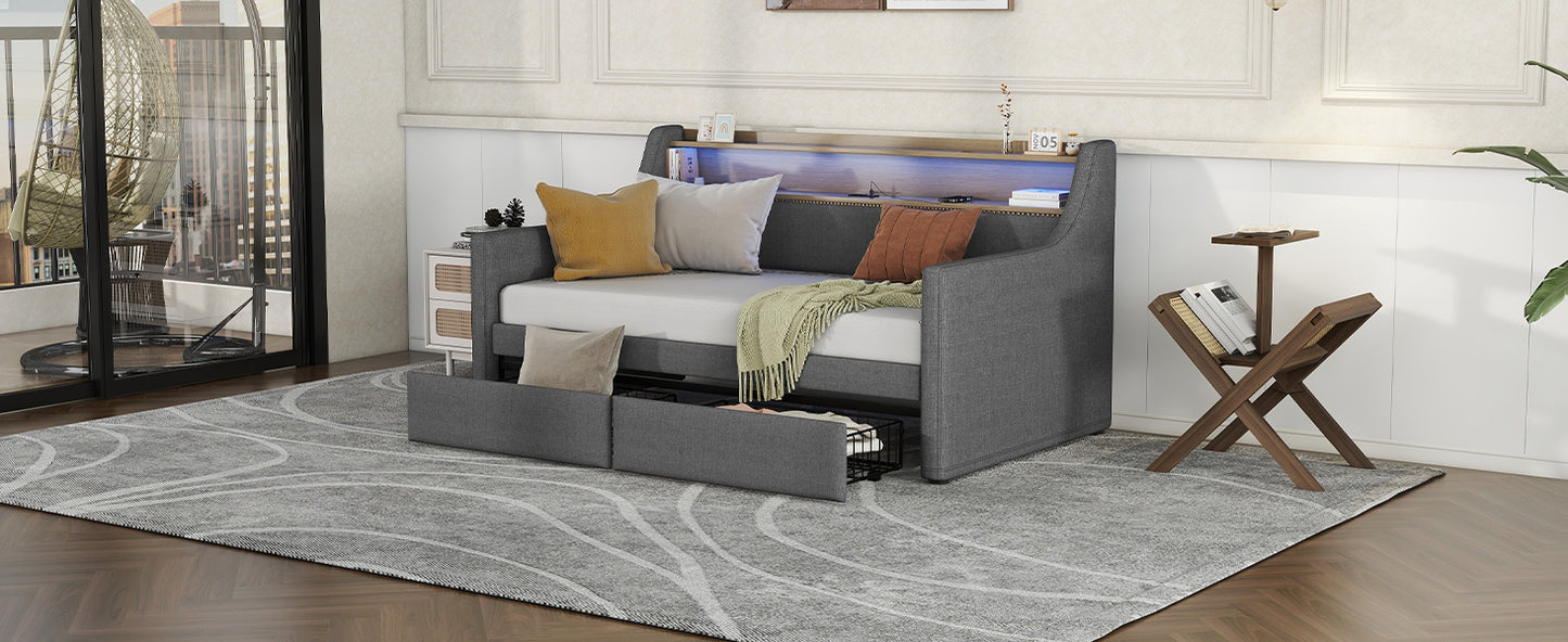 Twin Size Daybed with Storage Drawers, Upholstered Daybed with Charging Station and LED Lights, Gray (Expect arrive date: Jan 18th, 2024)