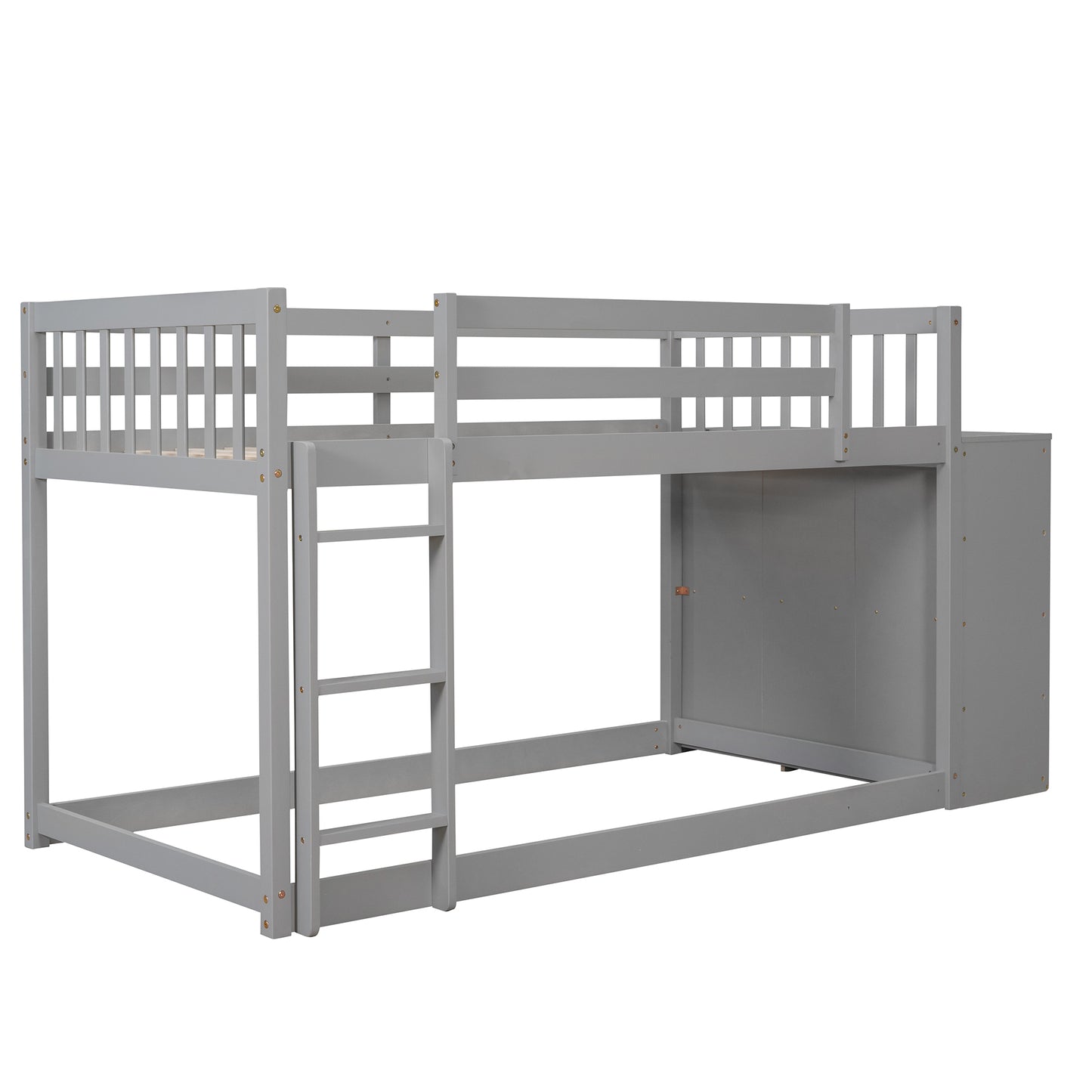 Space-Saving Gray Twin Bunk Bed with Storage and Built-in Shelves for Twin over Twin Configuration