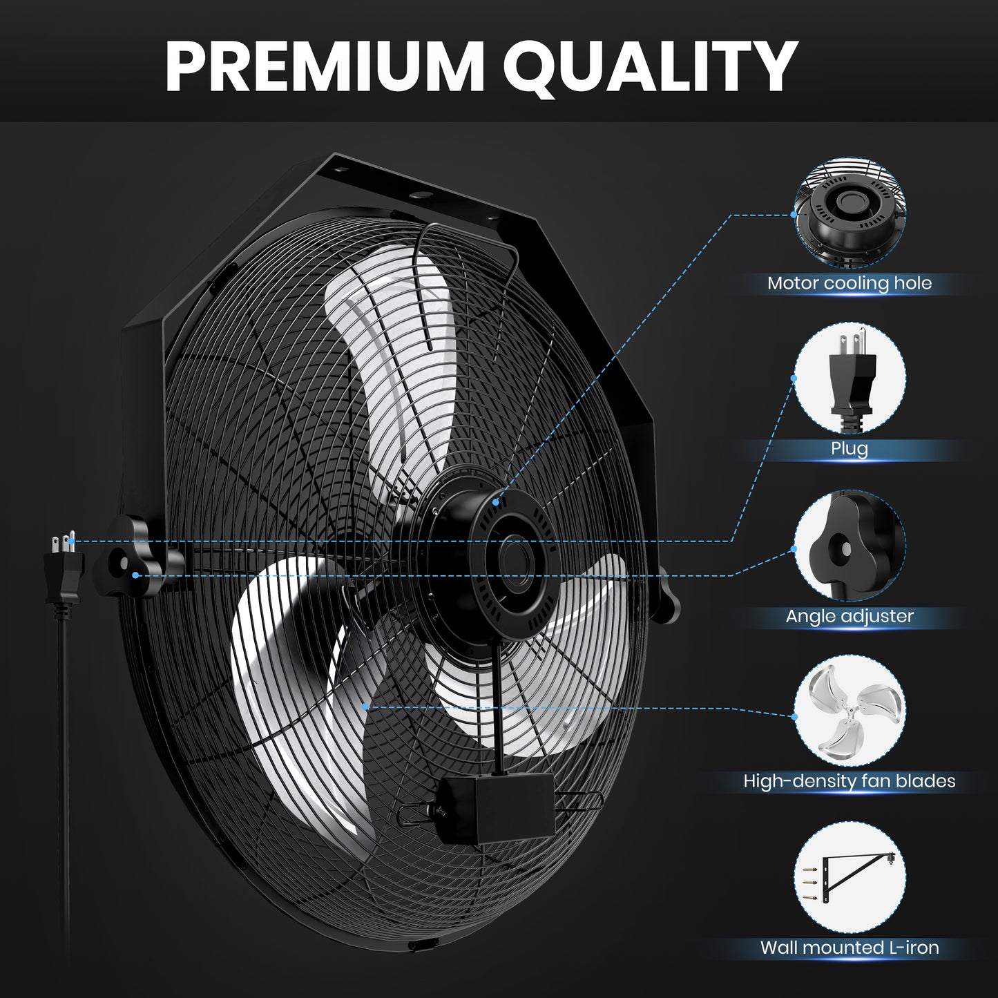 InfiniPower 20 Inch High Velocity Wall Mount Fan with Rack and L-Iron, 3 Speed Industrial/Commercial Metal Ventilation Fan