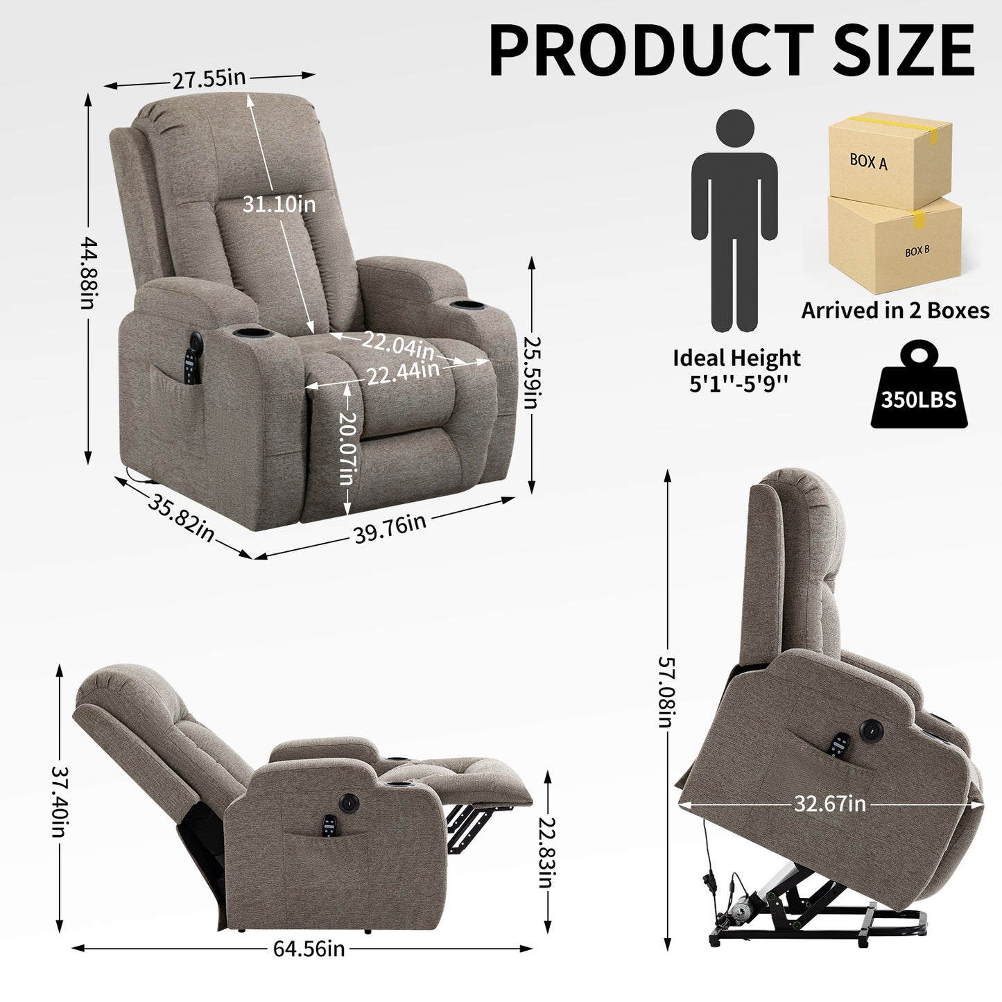 Electric Brown Recliner Chair with Lift, Massage, and Lumbar Heating