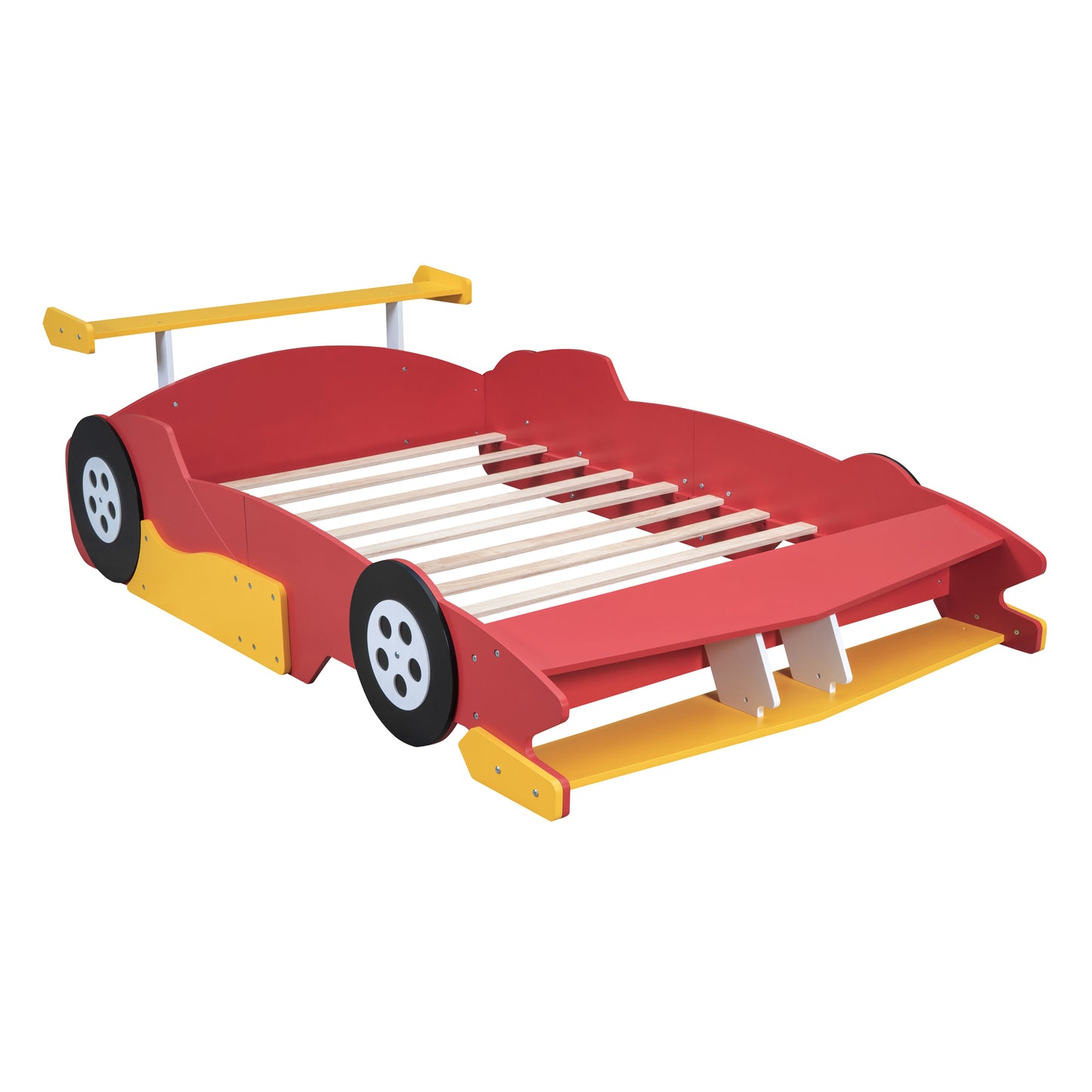 Full Size Race Car-Shaped Platform Bed with Wheels,Red