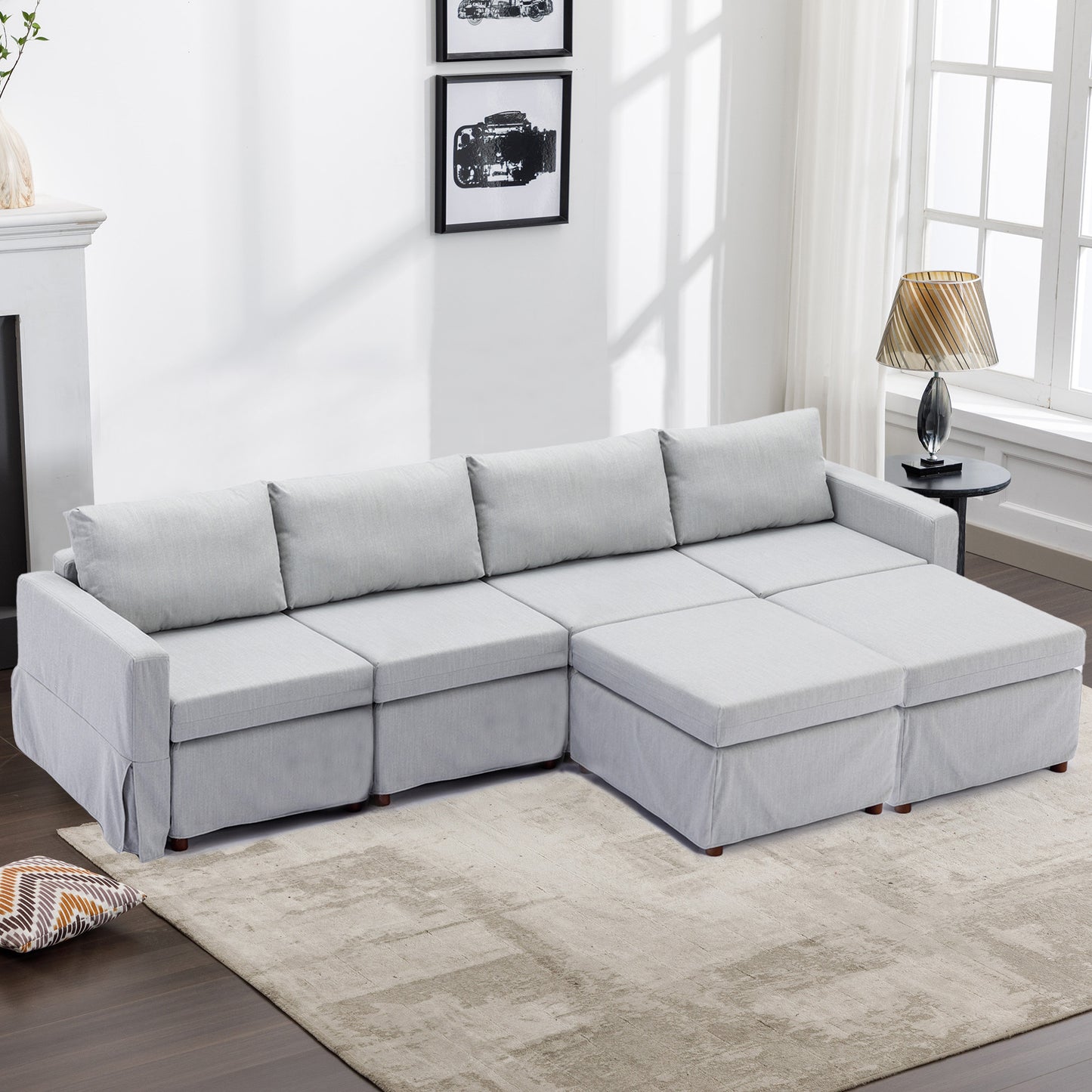 4-Seat Modular Sectional Sofa Set with 2 Ottoman, Washable Seat and Back Cushions, Light Grey