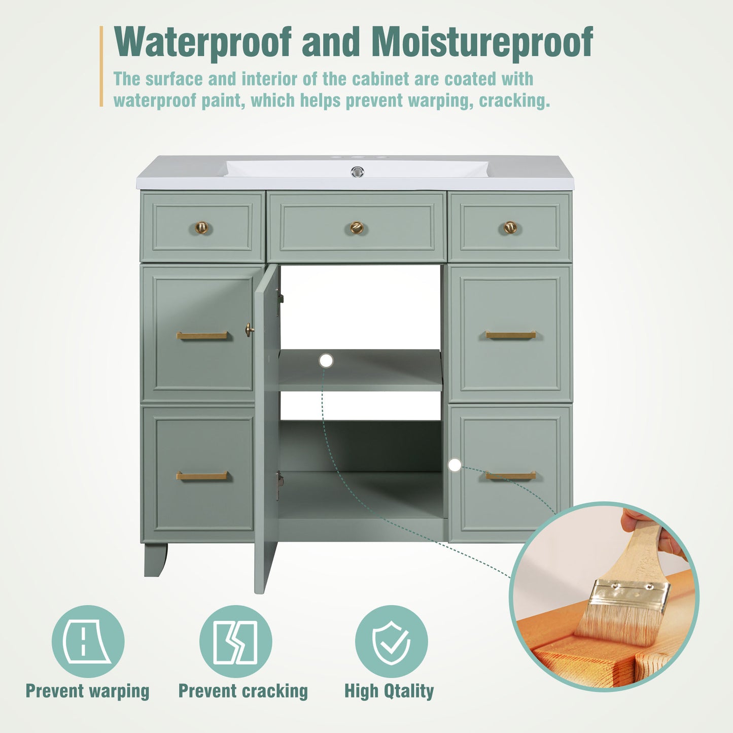 36" Bathroom Vanity Cabinet with Sink Top Combo Set, Green, Single Sink, Shaker Cabinet with Soft Closing Door and Drawer