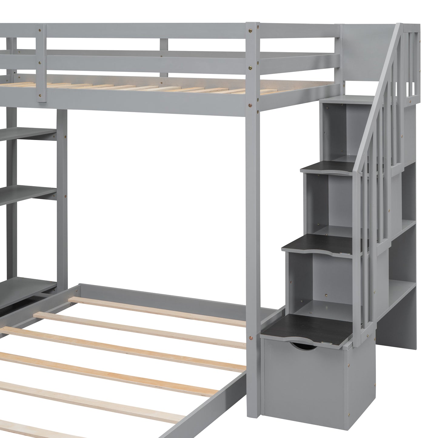 Space-Saving Gray Bunk Bed with Storage Stairs and Versatile Features