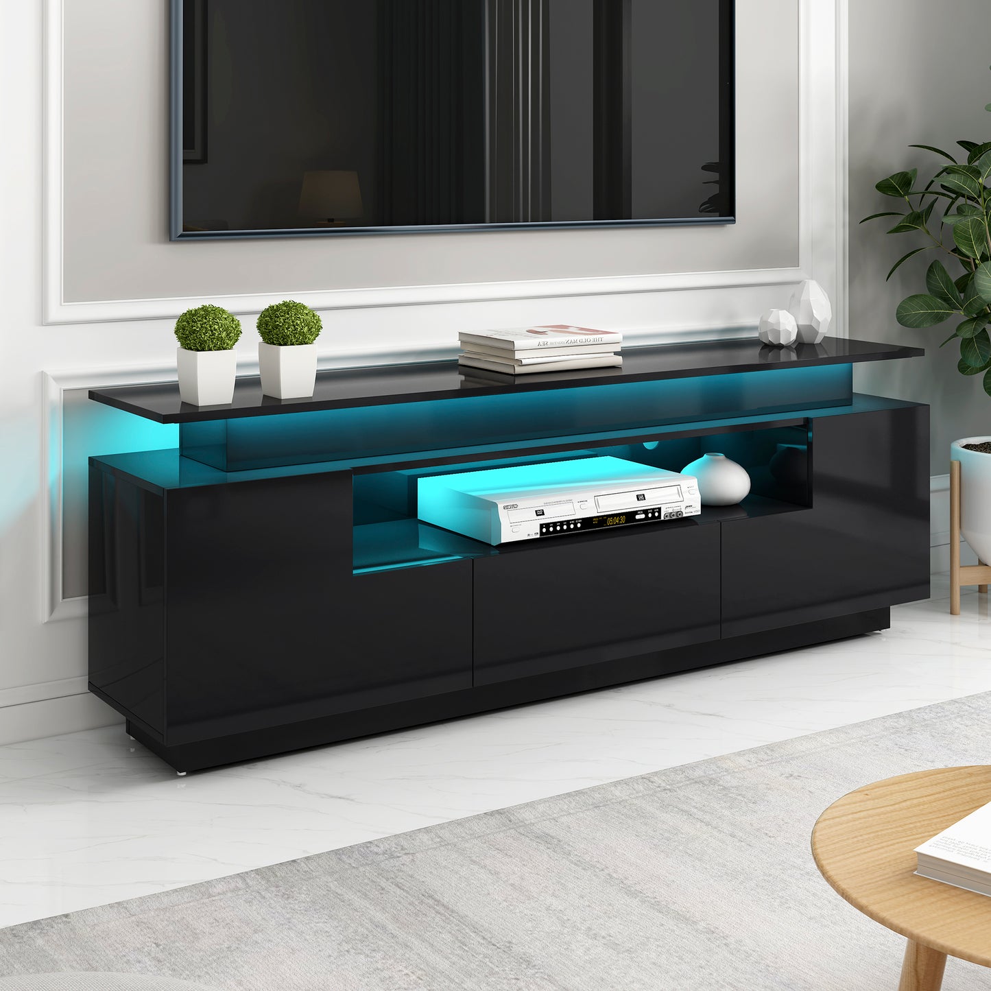 Sleek Entertainment Center with Color Changing LED Lights for 75+ inch TV, Black High Gloss TV Cabinet